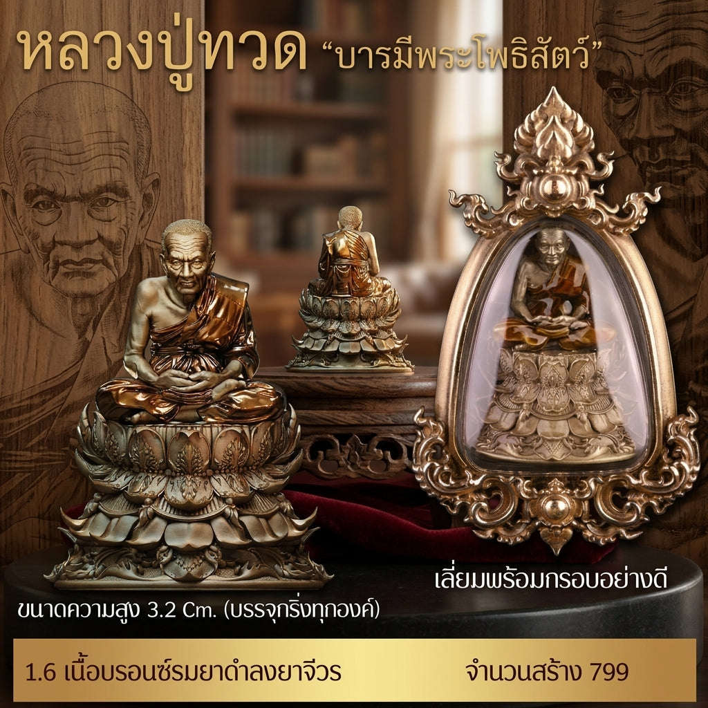 Impenetrable Divine Shield & Ultimate Roadway Protection Luang Pu Thuat Barami Phra Bodhisattwa Bronze Satin Finish Yellow Robe Enameling Framed Edition Thai Blessing Co By RURUECHA