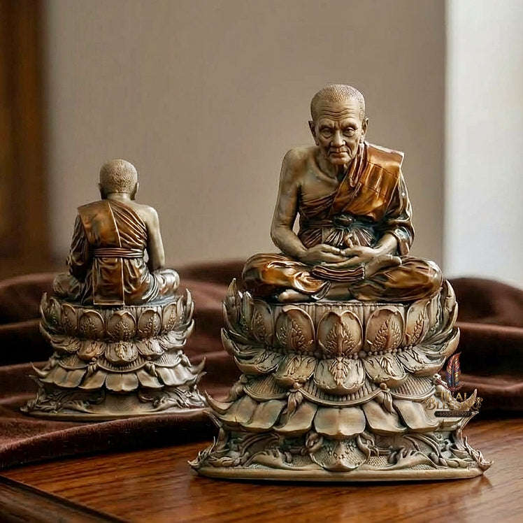 Impenetrable Divine Shield & Ultimate Roadway Protection Luang Pu Thuat Barami Phra Bodhisattwa Bronze Satin Finish Yellow Robe Enameling Framed Edition Thai Blessing Co By RURUECHA