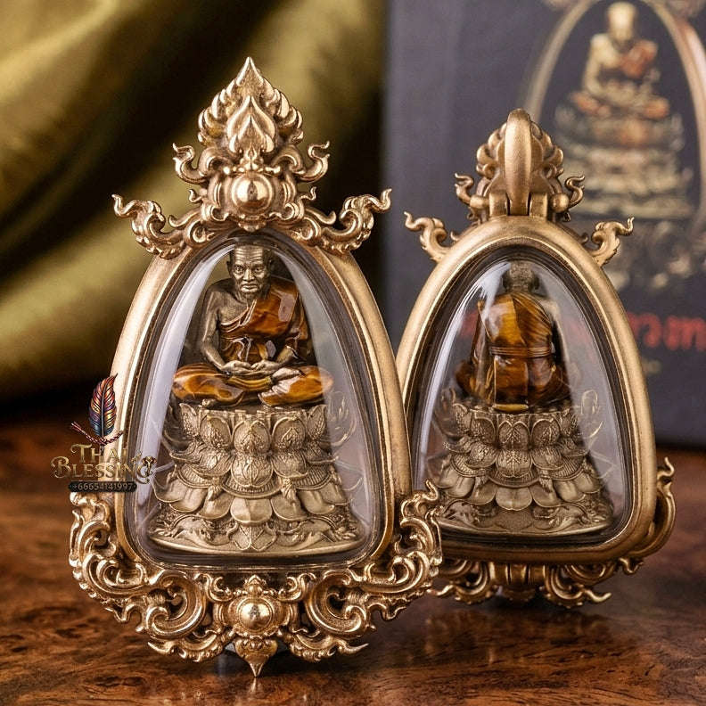 Impenetrable Divine Shield & Ultimate Roadway Protection Luang Pu Thuat Barami Phra Bodhisattwa Bronze Satin Finish Yellow Robe Enameling Framed Edition Thai Blessing Co By RURUECHA