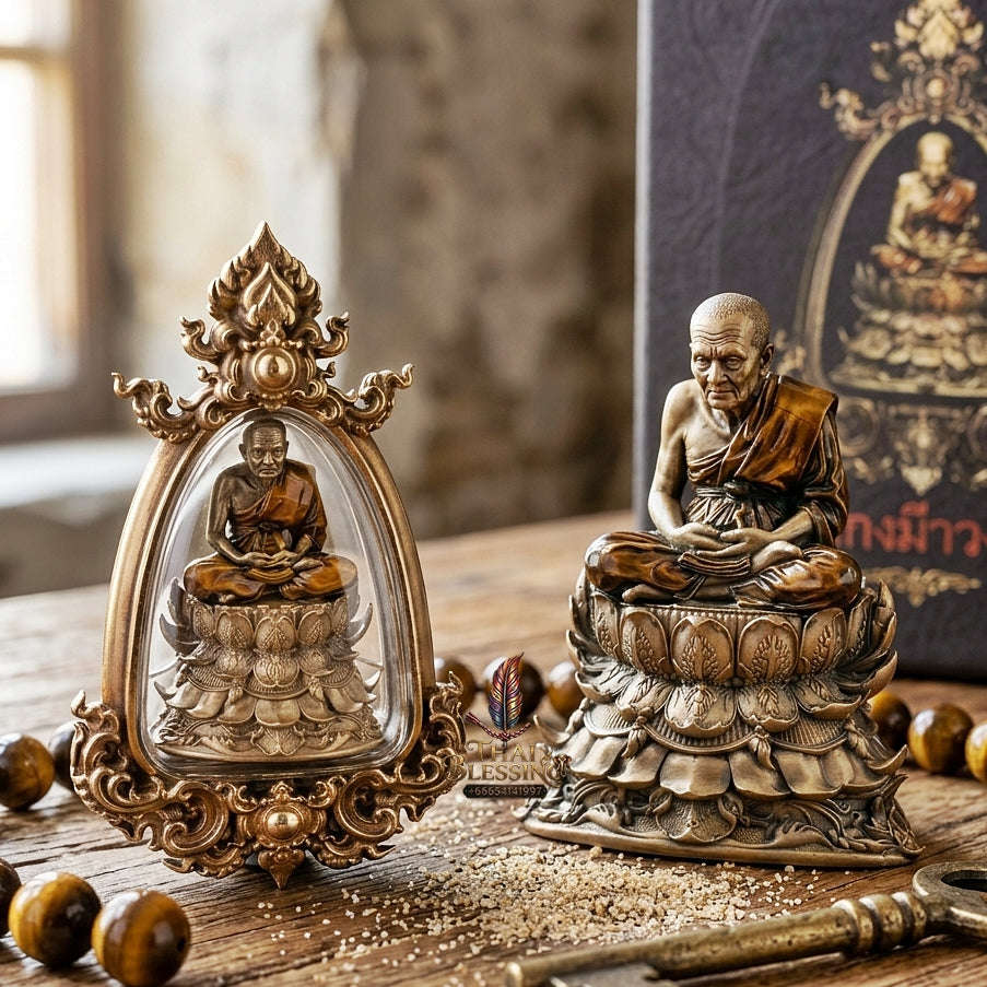 Impenetrable Divine Shield & Ultimate Roadway Protection Luang Pu Thuat Barami Phra Bodhisattwa Bronze Satin Finish Yellow Robe Enameling Framed Edition Thai Blessing Co By RURUECHA