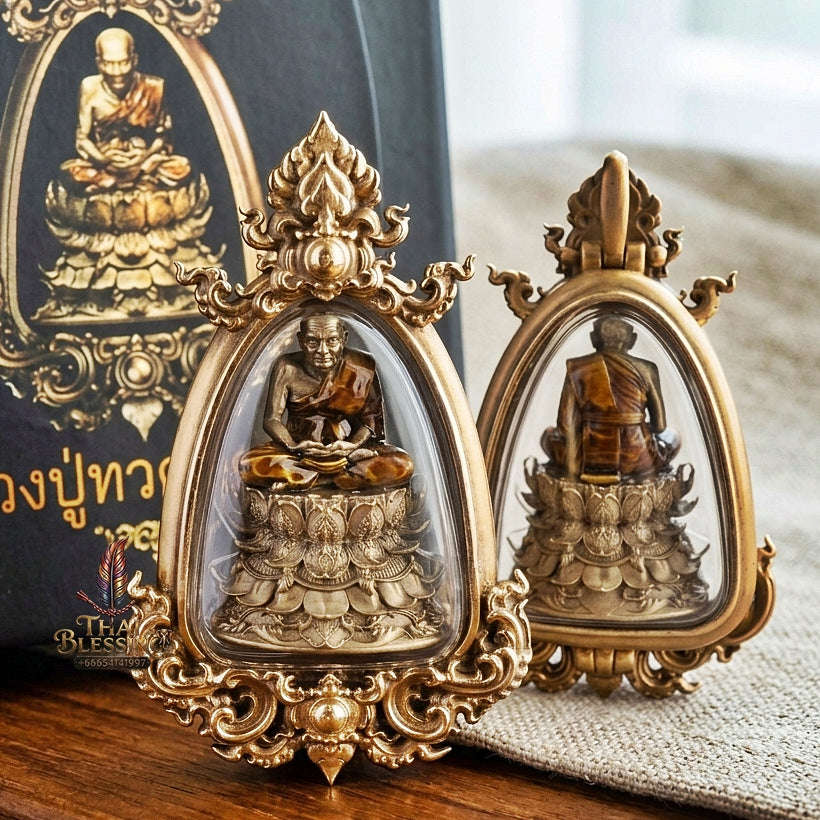 Impenetrable Divine Shield & Ultimate Roadway Protection Luang Pu Thuat Barami Phra Bodhisattwa Bronze Satin Finish Yellow Robe Enameling Framed Edition Thai Blessing Co By RURUECHA