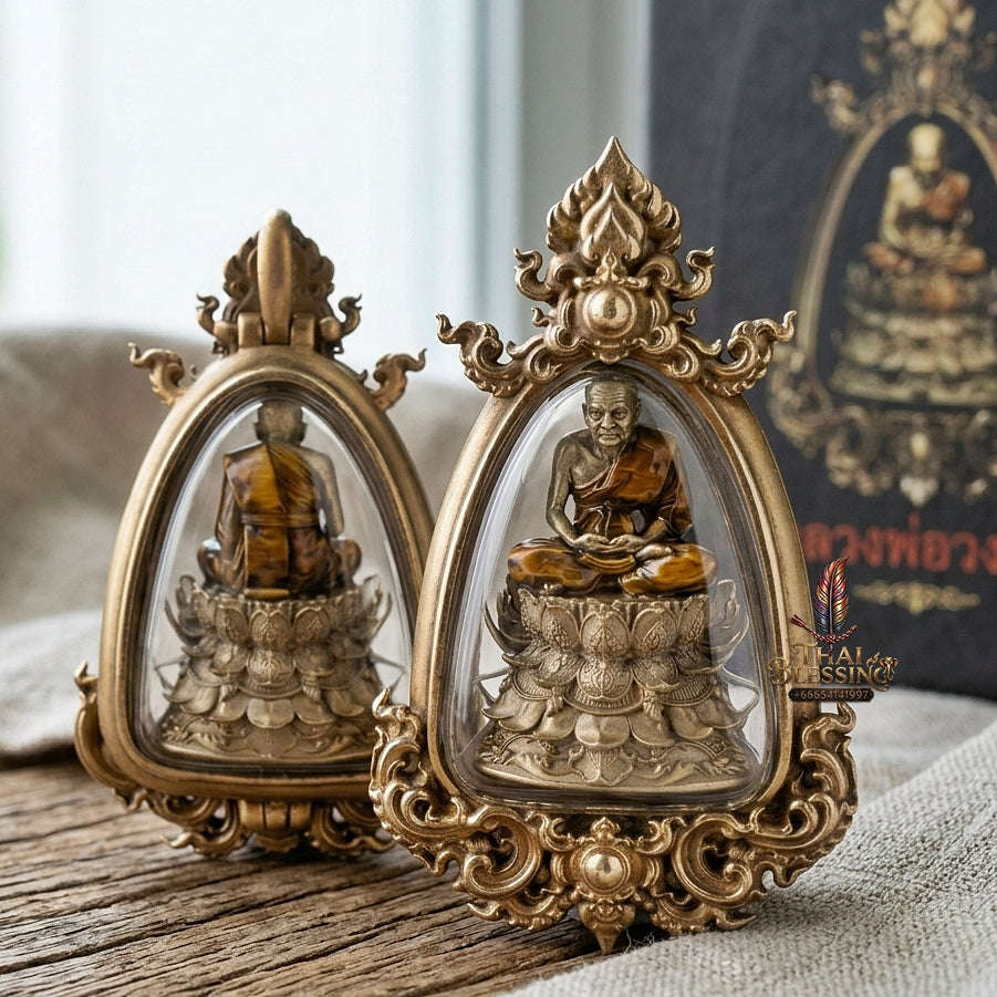 Impenetrable Divine Shield & Ultimate Roadway Protection Luang Pu Thuat Barami Phra Bodhisattwa Bronze Satin Finish Yellow Robe Enameling Framed Edition Thai Blessing Co By RURUECHA