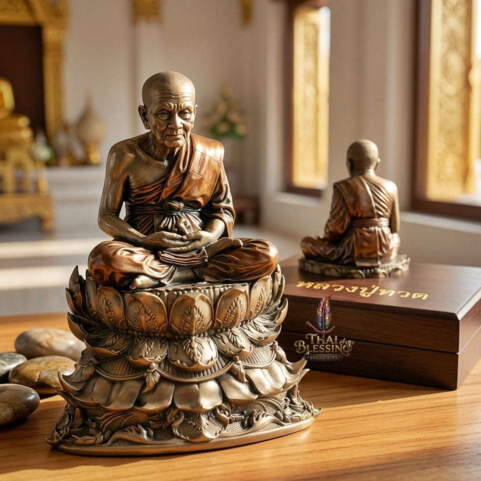 Impenetrable Divine Shield & Ultimate Roadway Protection Luang Pu Thuat Barami Phra Bodhisattwa Bronze Satin Finish Yellow Robe Enameling Framed Edition Thai Blessing Co By RURUECHA