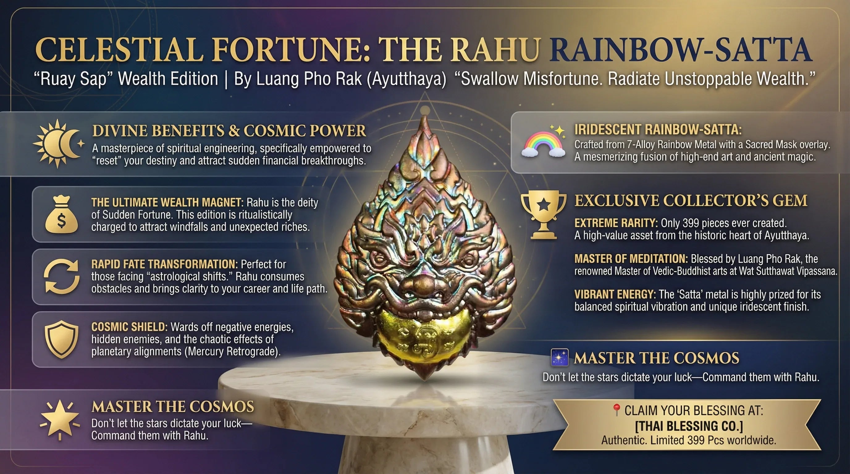 🌑🌈 Celestial Fortune: The Rahu Rainbow-Satta Wealth Talisman – Sacred Eclipse Mask Edition (Limited 399 Pcs) by Luang Pho Rak