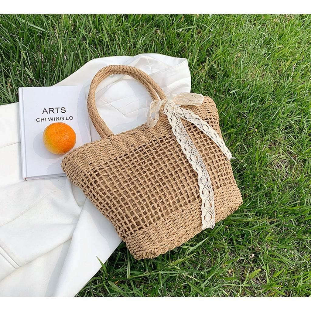 Japanese Korean Woven Tote Bag - Large Capacity Handmade Cotton Rope Shoulder Bag 39cm Width, Available in 2 Colors
