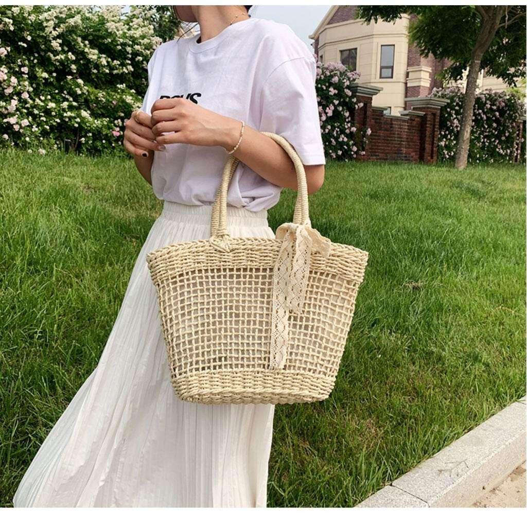 Japanese Korean Woven Tote Bag - Large Capacity Handmade Cotton Rope Shoulder Bag 39cm Width, Available in 2 Colors