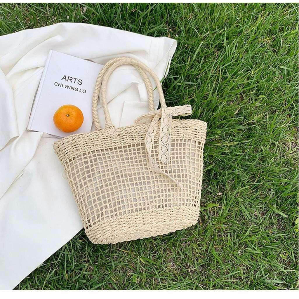 Japanese Korean Woven Tote Bag - Large Capacity Handmade Cotton Rope Shoulder Bag 39cm Width, Available in 2 Colors