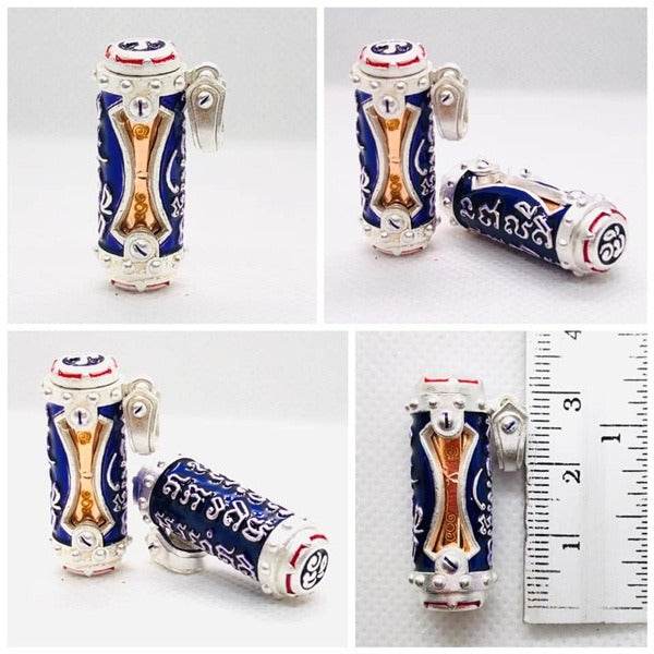 Jindamanee Takrut Thai amulet for wealth featuring intricate blue and gold design with silver accents