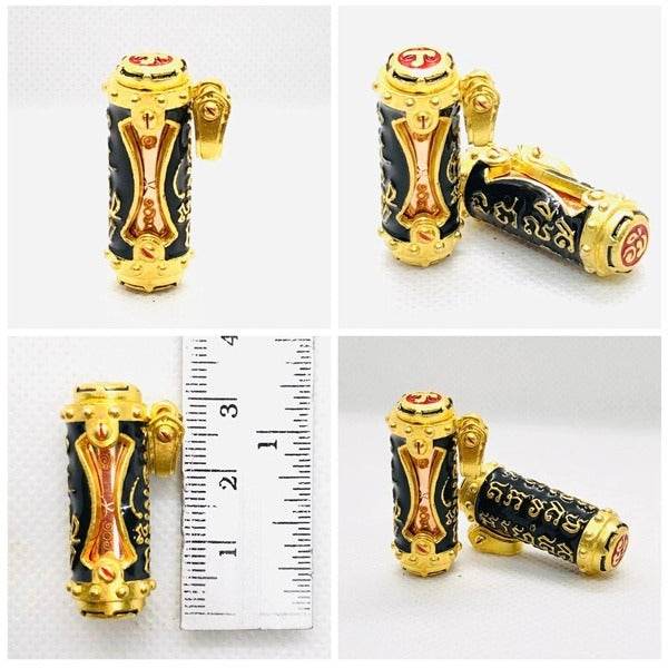 Jindamanee Takrut Thai amulet for wealth in gold and black design, showcasing intricate details and size reference