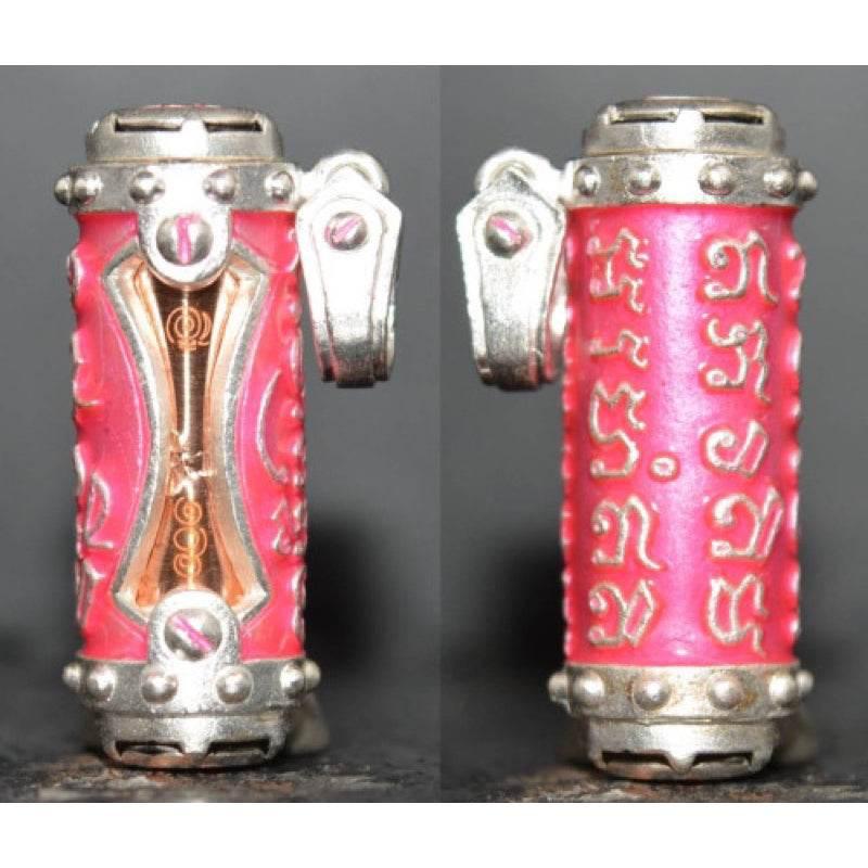 Jindamanee Takrut Thai Amulet for Wealth - Powerful Wealth & Fortune Magnet Silver plated with pink enamel