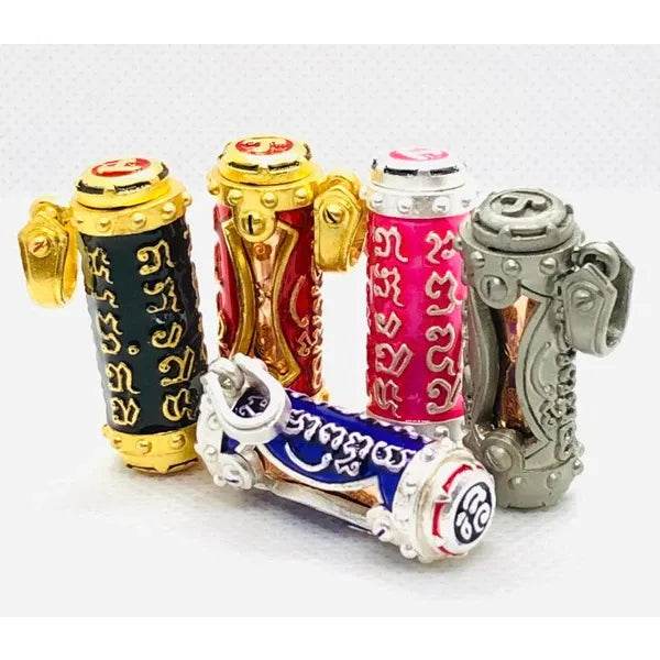 Jindamanee Takrut Thai amulet for wealth featuring a colorful collection of protective scrolls
