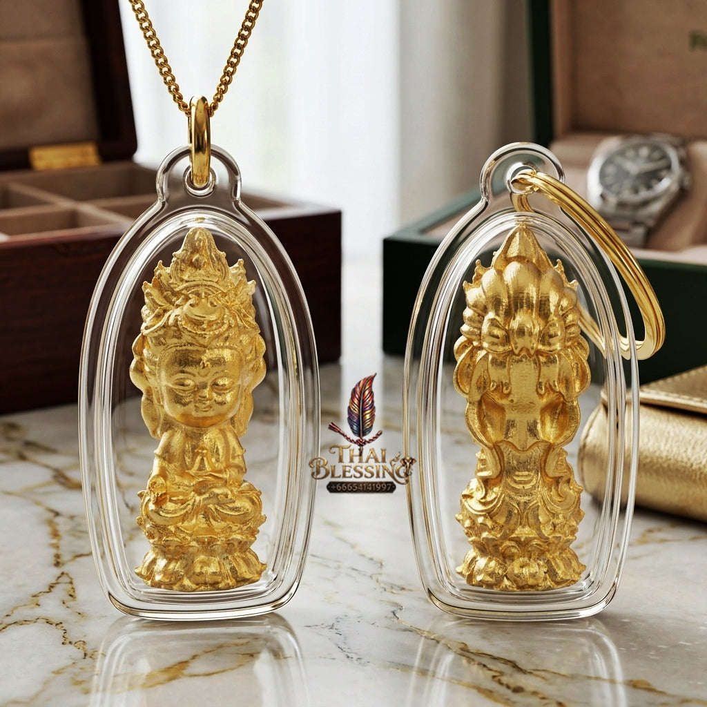 ✨ Jio Guanyin "Roy Larn" Gold-Plated Bronze Amulet : Ultimate Wealth & Infinite Compassion Miniature Goddess (2569 / 2026 Edition) - Phra Ajarn Amnat / Mahaveero Meditation Practice Center