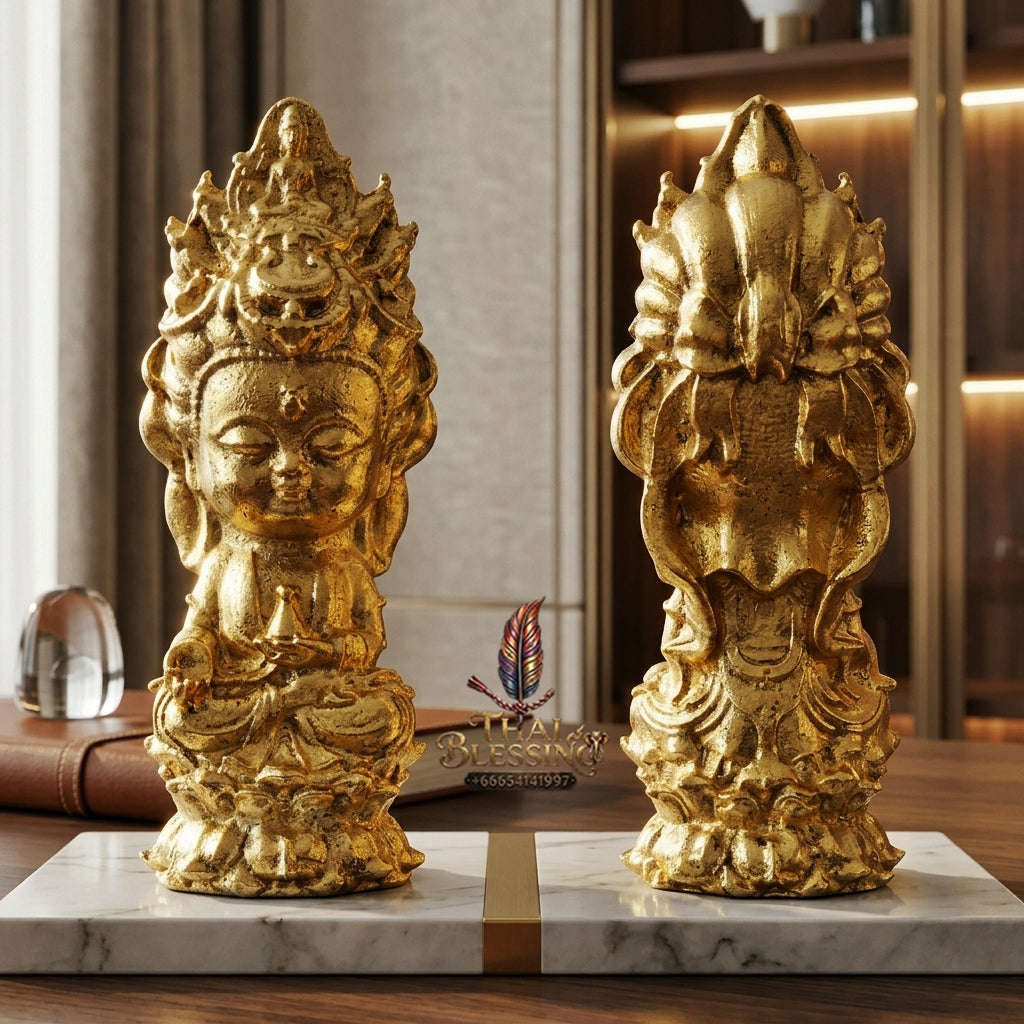 ✨ Jio Guanyin "Roy Larn" Gold-Plated Bronze Amulet : Ultimate Wealth & Infinite Compassion Miniature Goddess (2569 / 2026 Edition) - Phra Ajarn Amnat / Mahaveero Meditation Practice Center