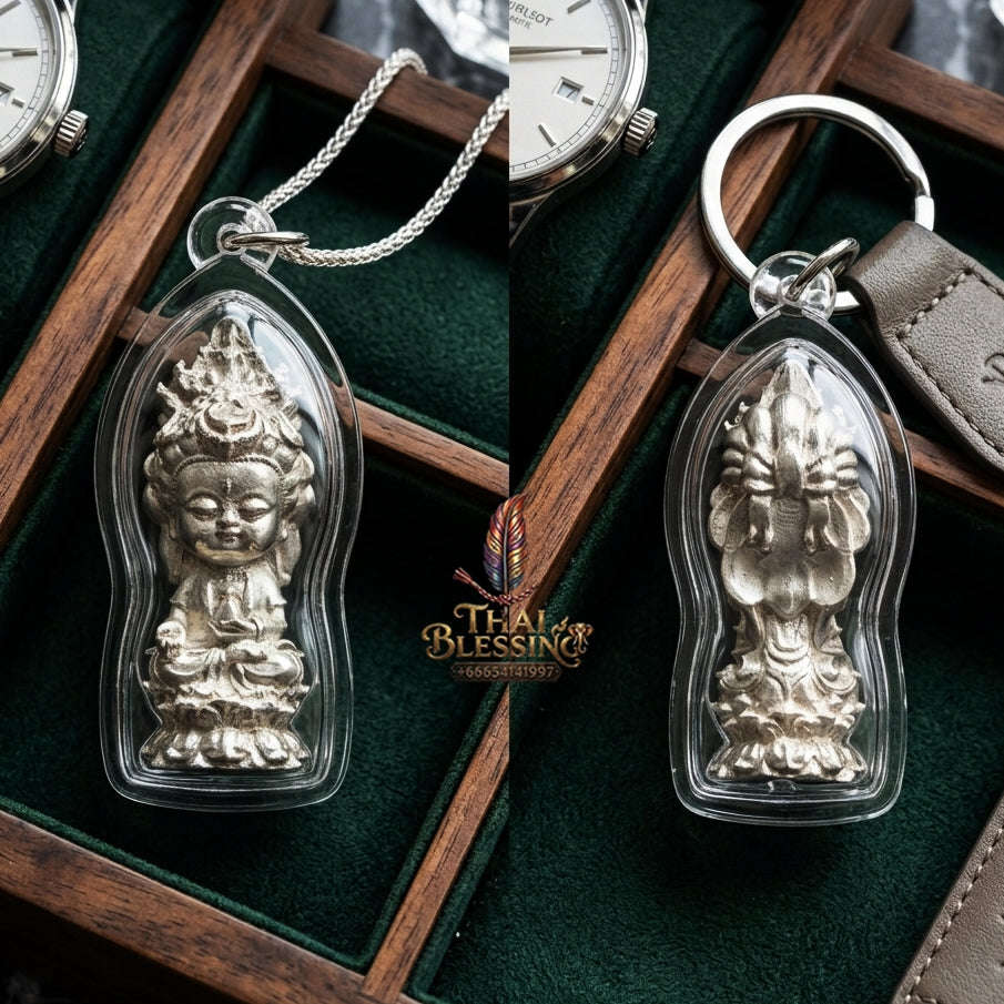 ✨ Jio Guanyin "Roy Larn" Silver-Plated Bronze Amulet : Ultimate Wealth & Infinite Compassion Miniature Goddess (2569 / 2026 Edition) - Phra Ajarn Amnat / Mahaveero Meditation Practice Center Thai Blessing Co By RURUECHA