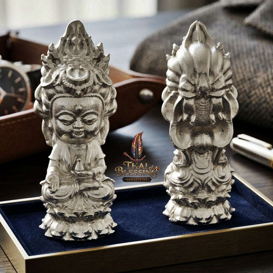 ✨ Jio Guanyin "Roy Larn" Silver-Plated Bronze Amulet : Ultimate Wealth & Infinite Compassion Miniature Goddess (2569 / 2026 Edition) - Phra Ajarn Amnat / Mahaveero Meditation Practice Center Thai Blessing Co By RURUECHA