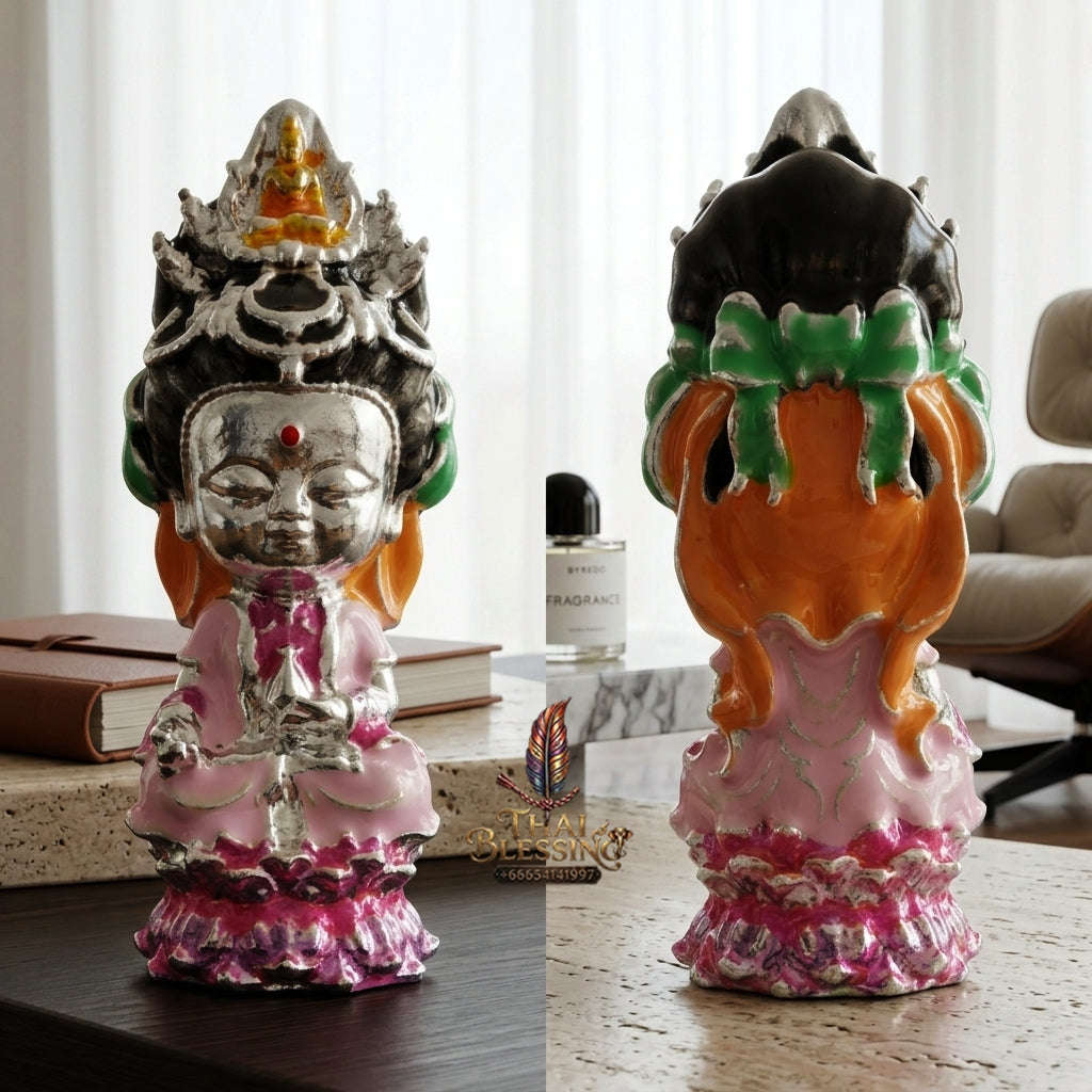 ✨ Jio Guanyin "Roy Larn" Silver-Plated Enamel Bronze Amulet : Ultimate Wealth & Infinite Compassion Miniature Goddess (2569 / 2026 Edition) - Phra Ajarn Amnat / Mahaveero Meditation Practice Center