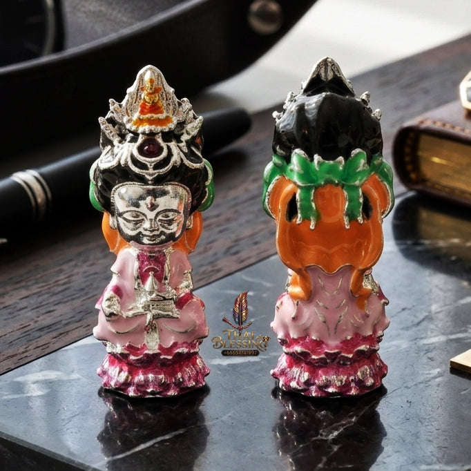 ✨ Jio Guanyin "Roy Larn" Silver-Plated Enamel Bronze Amulet : Ultimate Wealth & Infinite Compassion Miniature Goddess (2569 / 2026 Edition) - Phra Ajarn Amnat / Mahaveero Meditation Practice Center