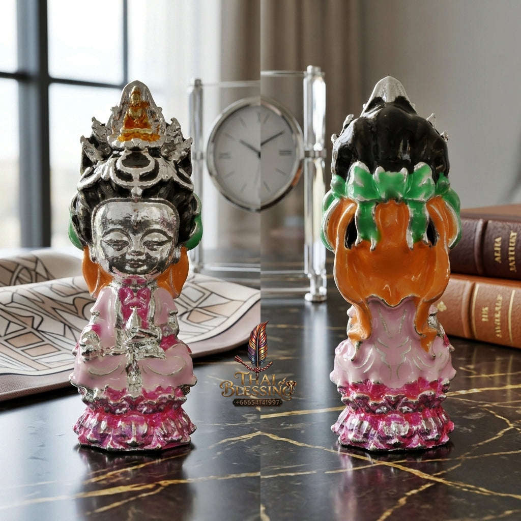 ✨ Jio Guanyin "Roy Larn" Silver-Plated Enamel Bronze Amulet : Ultimate Wealth & Infinite Compassion Miniature Goddess (2569 / 2026 Edition) - Phra Ajarn Amnat / Mahaveero Meditation Practice Center