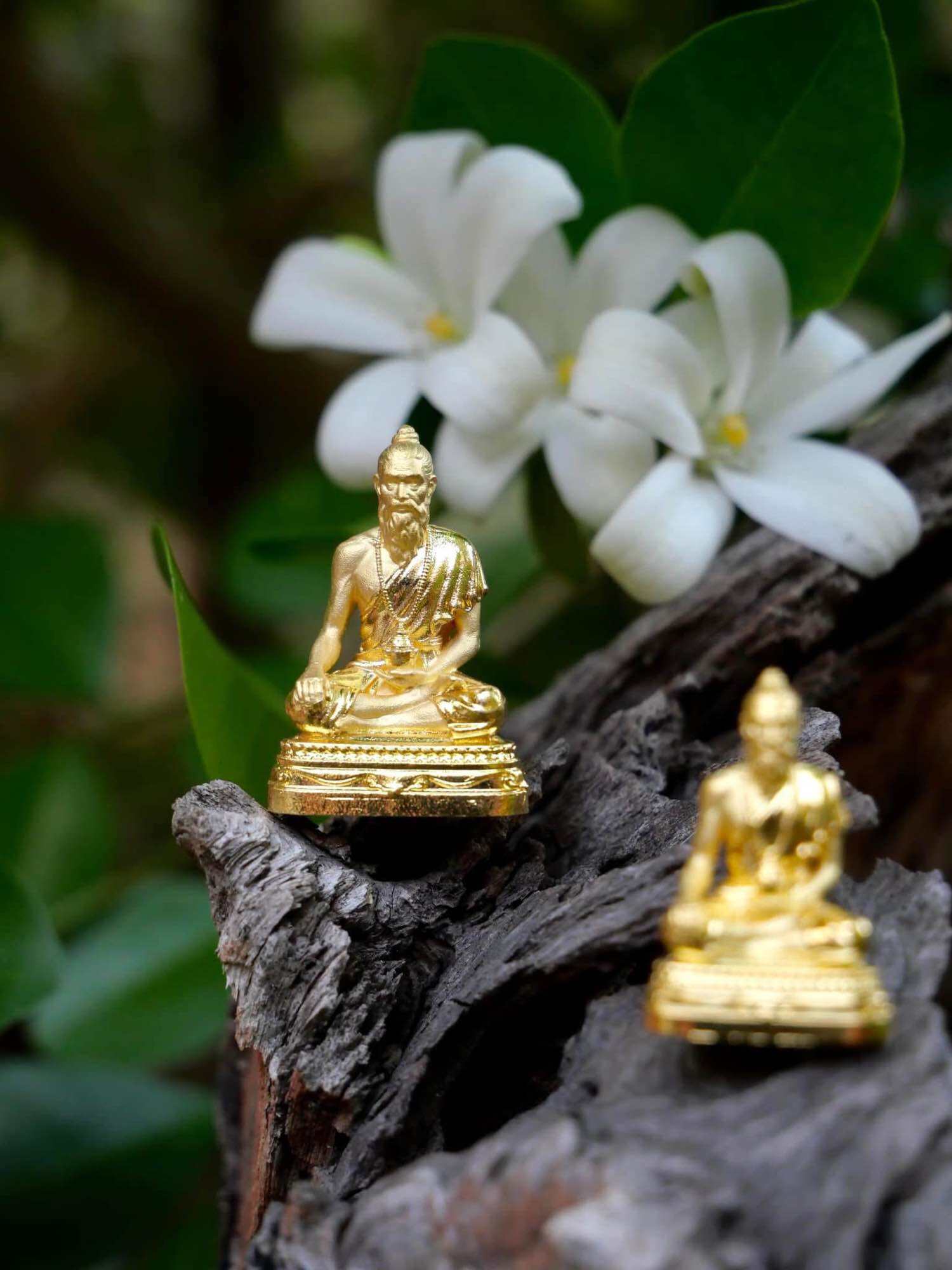 Golden Jivaka Komarabhacca amulet for health displayed on natural wood with blooming flowers