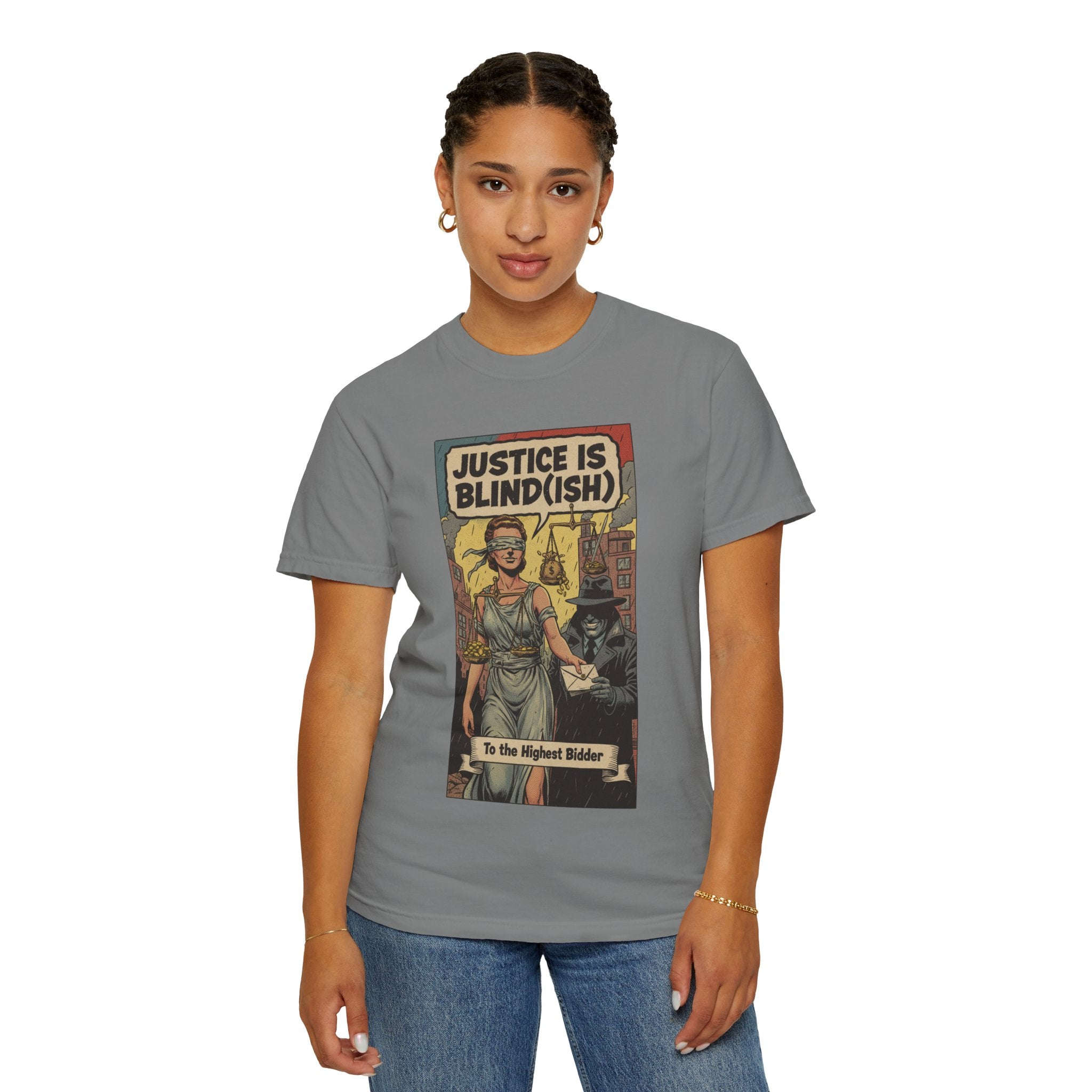 Justice Is Blind(ish) Shirt - Vintage Satire T-Shirt - Retro Comic Graphic Tee - Sarcastic Lady Justice Gift - Garment-Dyed Streetwear