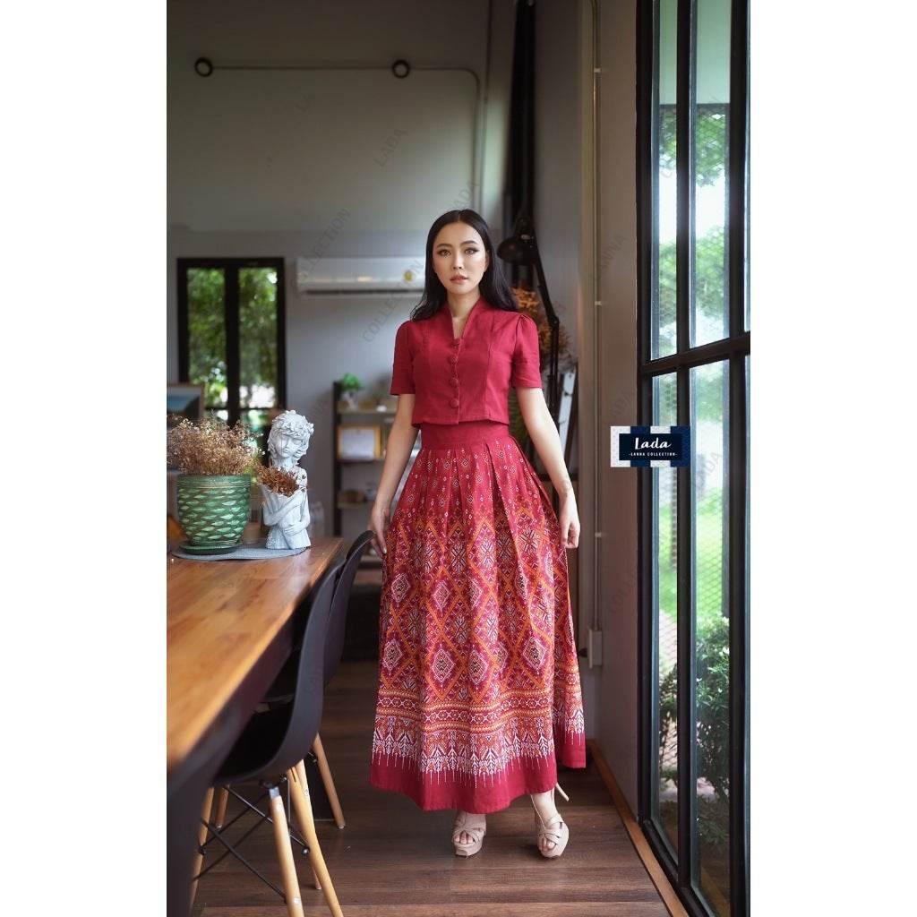 Kalasin Praewa Print Cotton Set – Classic Collar Top & High-Waisted Pleated Skirt in Red, Wine, Mustard, Blue & Purple แดงไวน์