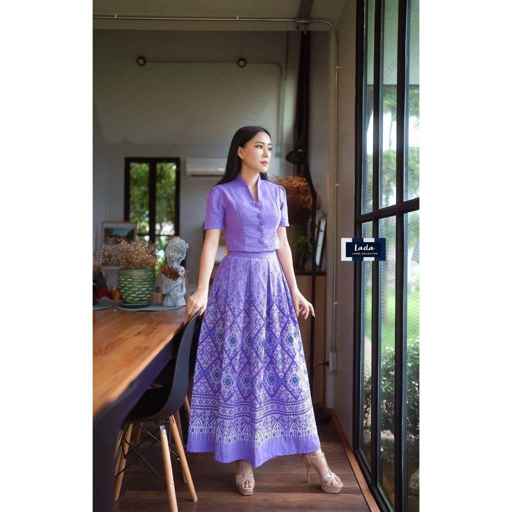 Kalasin Praewa Print Cotton Set – Classic Collar Top & High-Waisted Pleated Skirt in Red, Wine, Mustard, Blue & Purple