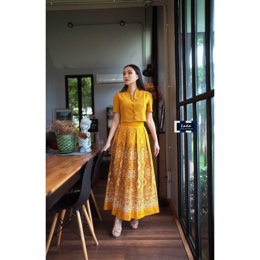 Kalasin Praewa Print Cotton Set – Classic Collar Top & High-Waisted Pleated Skirt in Red, Wine, Mustard, Blue & Purple