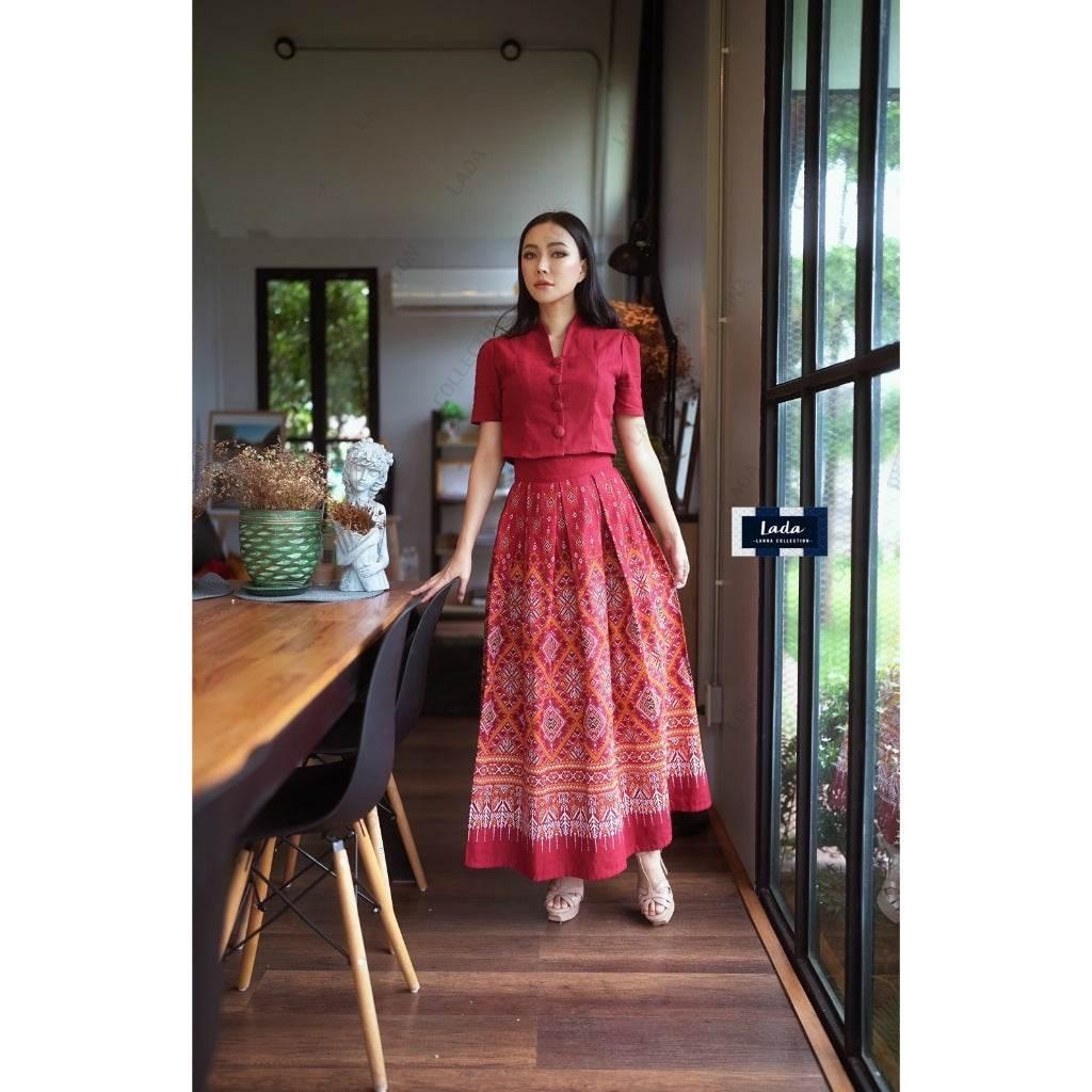 Kalasin Praewa Print Cotton Set – Classic Collar Top & High-Waisted Pleated Skirt in Red, Wine, Mustard, Blue & Purple