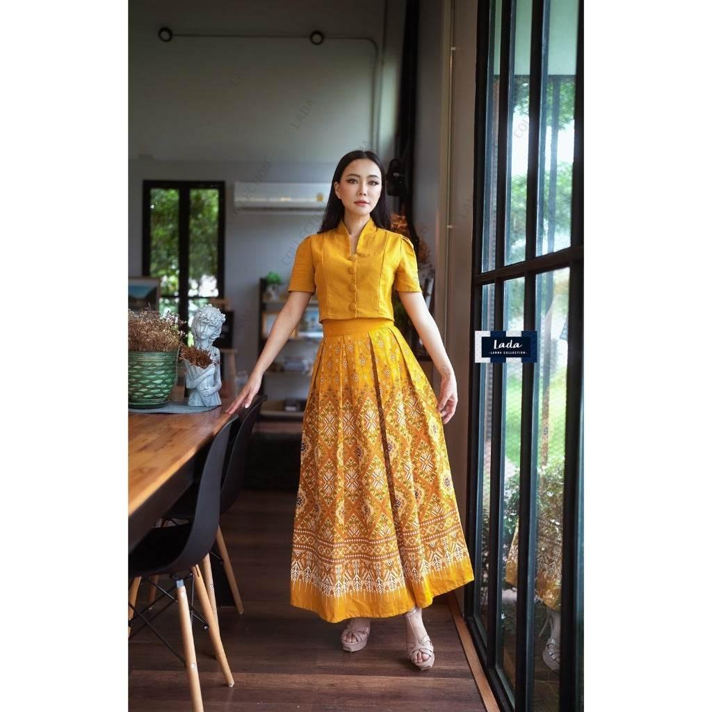 Kalasin Praewa Print Cotton Set – Classic Collar Top & High-Waisted Pleated Skirt in Red, Wine, Mustard, Blue & Purple