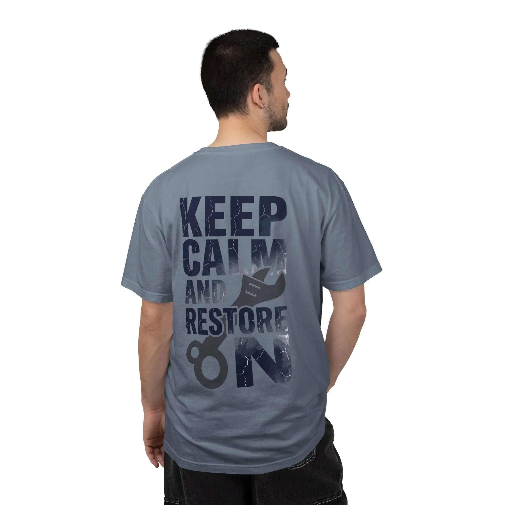 Keep Calm and Restore On Shirt, Vintage Distressed DIY Restoration Tee, Mechanic Workshop Maker Gift, Fix It Humor Blue Jean