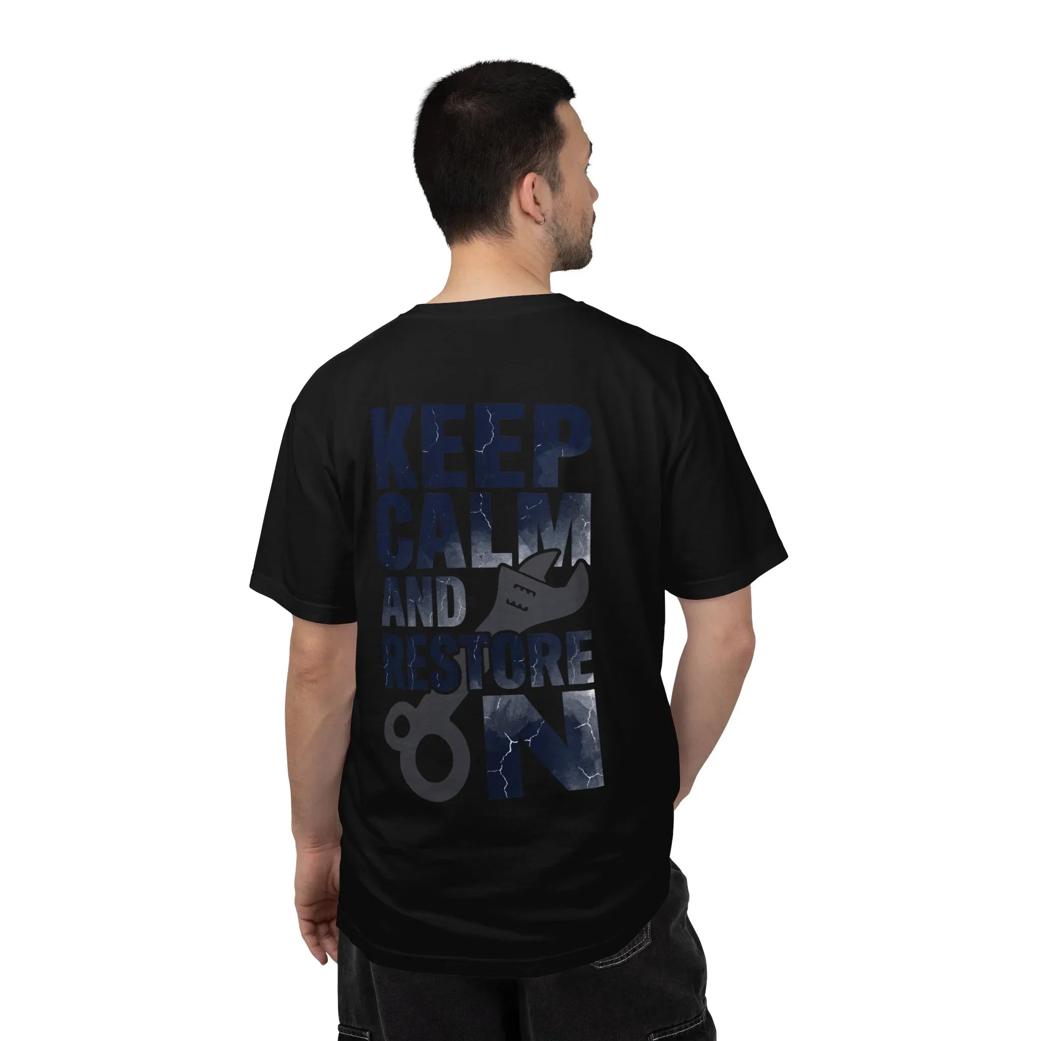 Keep Calm and Restore On Shirt, Vintage Distressed DIY Restoration Tee, Mechanic Workshop Maker Gift, Fix It Humor Black