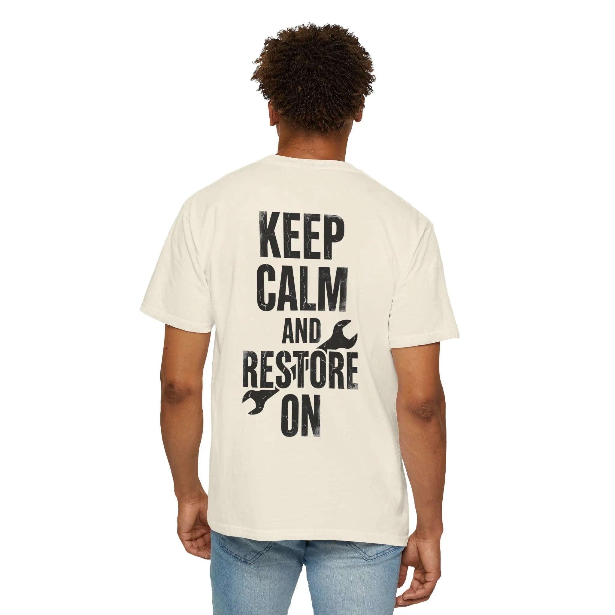 Keep Calm and Restore On Shirt, Vintage Distressed DIY Restoration Tee, Mechanic Workshop Maker Gift, Fix It Humor Ivory