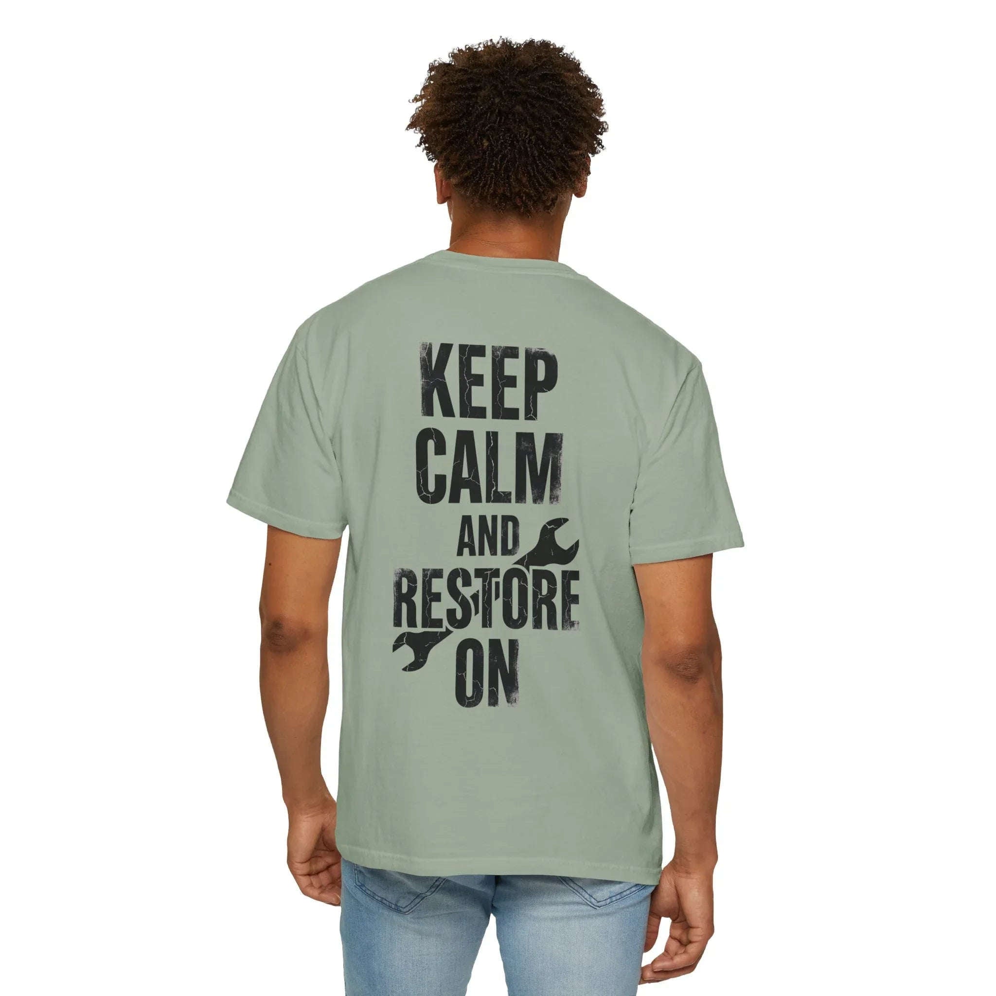Keep Calm and Restore On Shirt, Vintage Distressed DIY Restoration Tee, Mechanic Workshop Maker Gift, Fix It Humor Bay