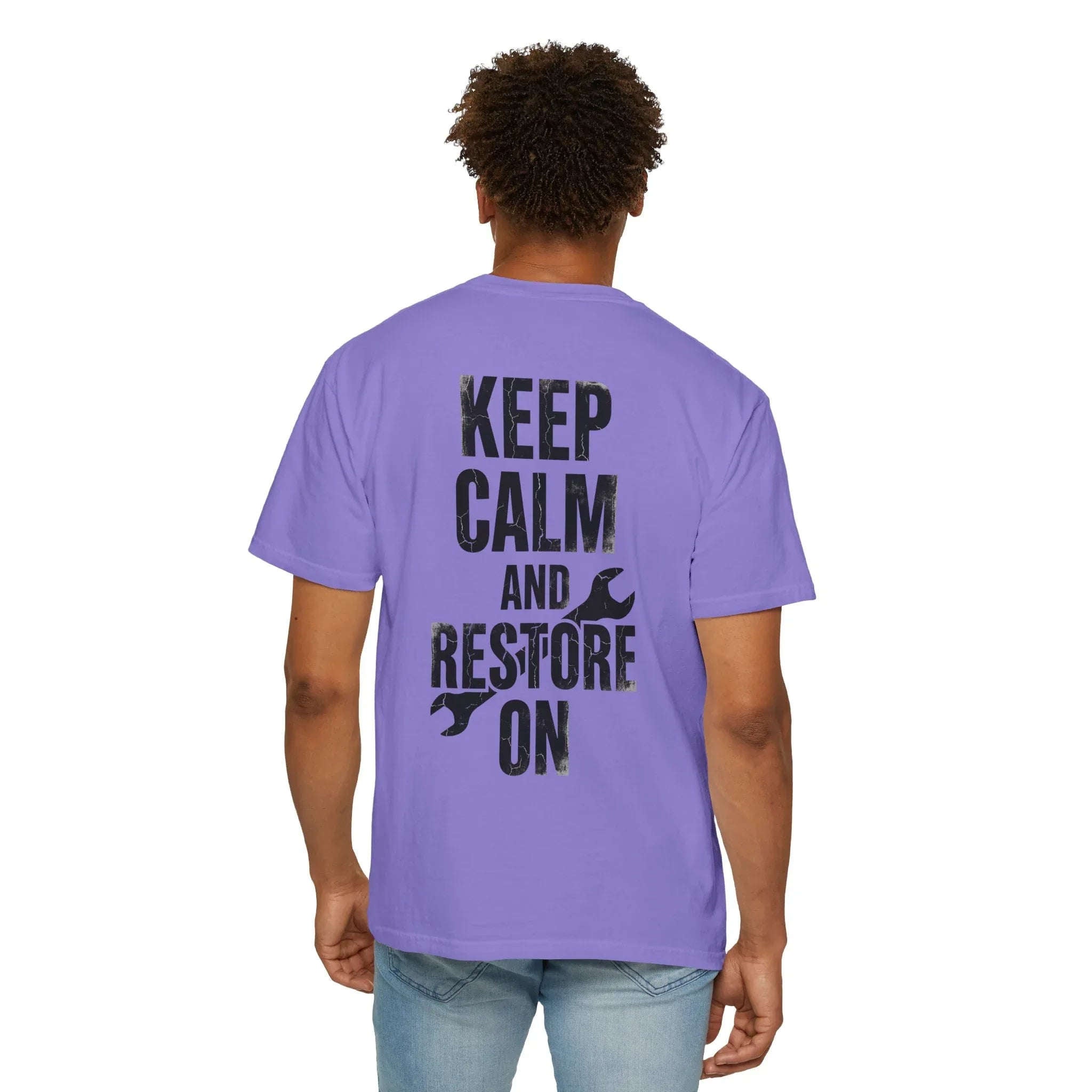 Keep Calm and Restore On Shirt, Vintage Distressed DIY Restoration Tee, Mechanic Workshop Maker Gift, Fix It Humor Violet