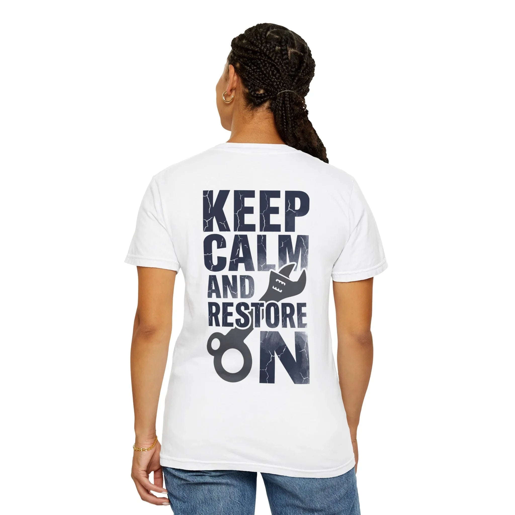 Keep Calm and Restore On Shirt, Vintage Distressed DIY Restoration Tee, Mechanic Workshop Maker Gift, Fix It Humor
