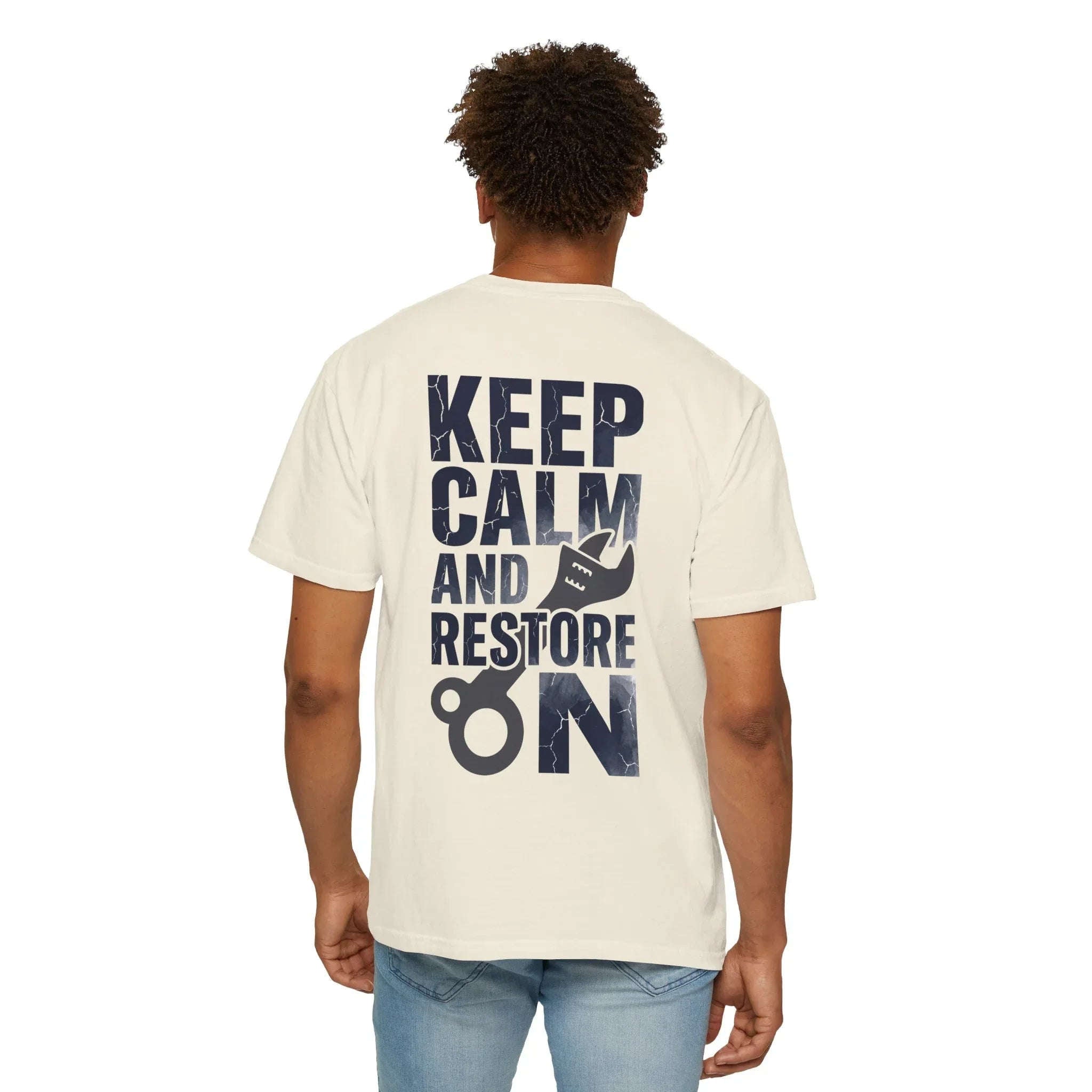 Keep Calm and Restore On Shirt, Vintage Distressed DIY Restoration Tee, Mechanic Workshop Maker Gift, Fix It Humor