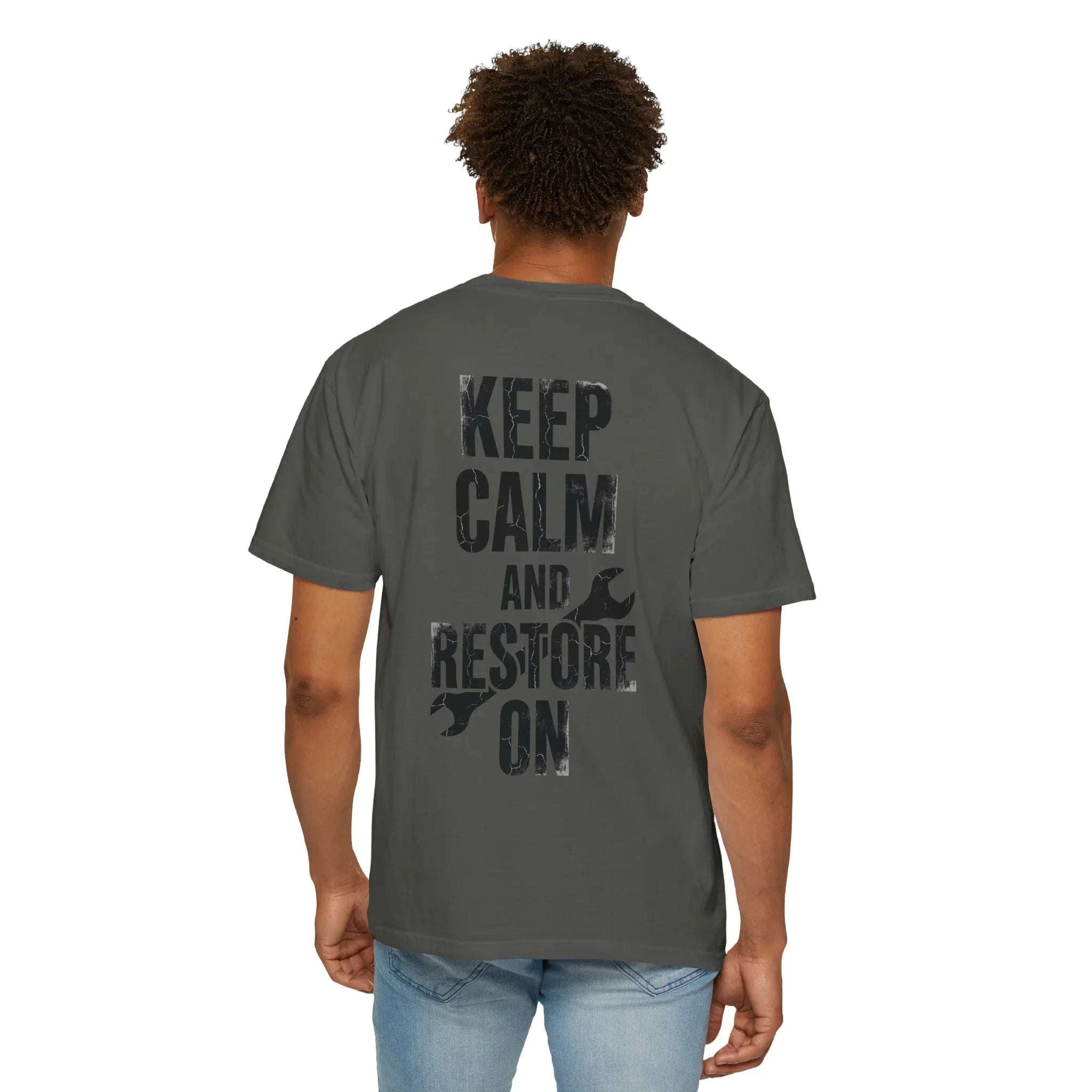 Keep Calm and Restore On Shirt, Vintage Distressed DIY Restoration Tee, Mechanic Workshop Maker Gift, Fix It Humor Pepper