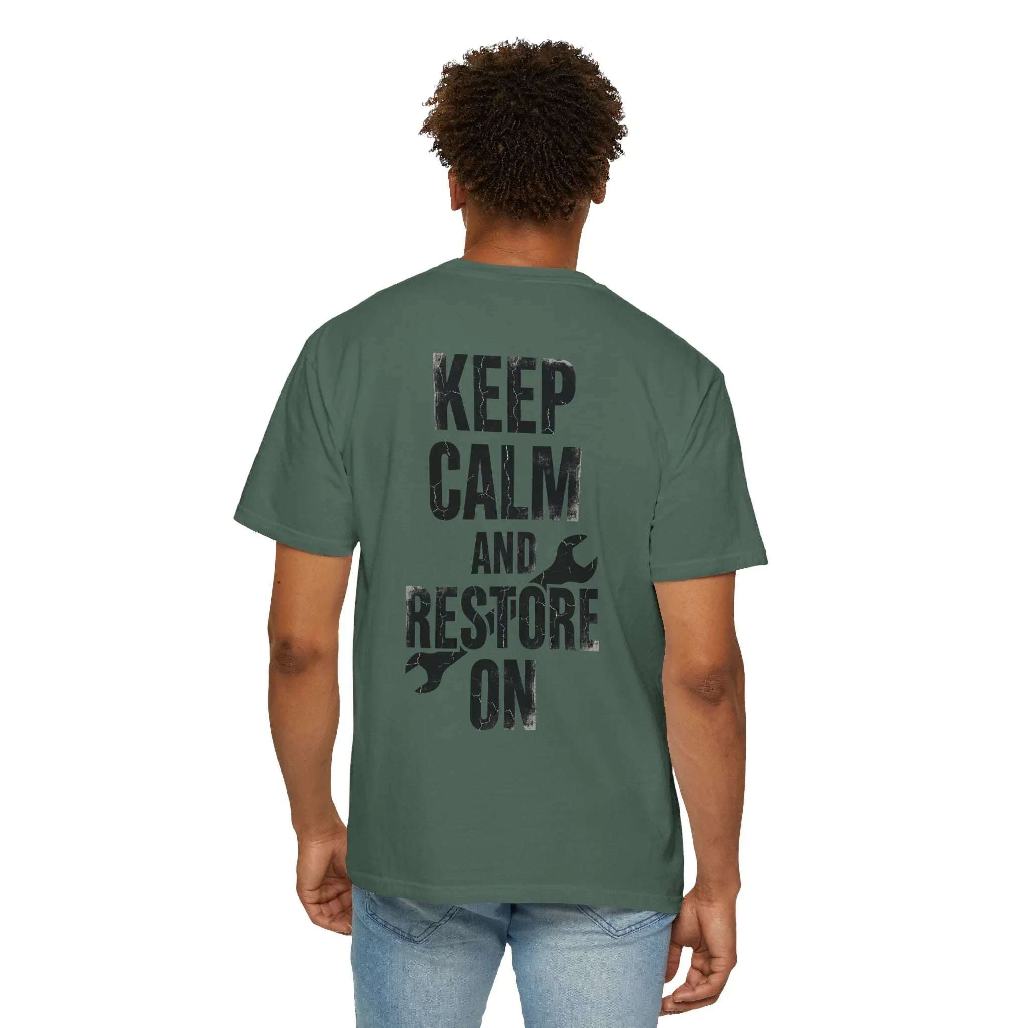 Keep Calm and Restore On Shirt, Vintage Distressed DIY Restoration Tee, Mechanic Workshop Maker Gift, Fix It Humor Blue Spruce