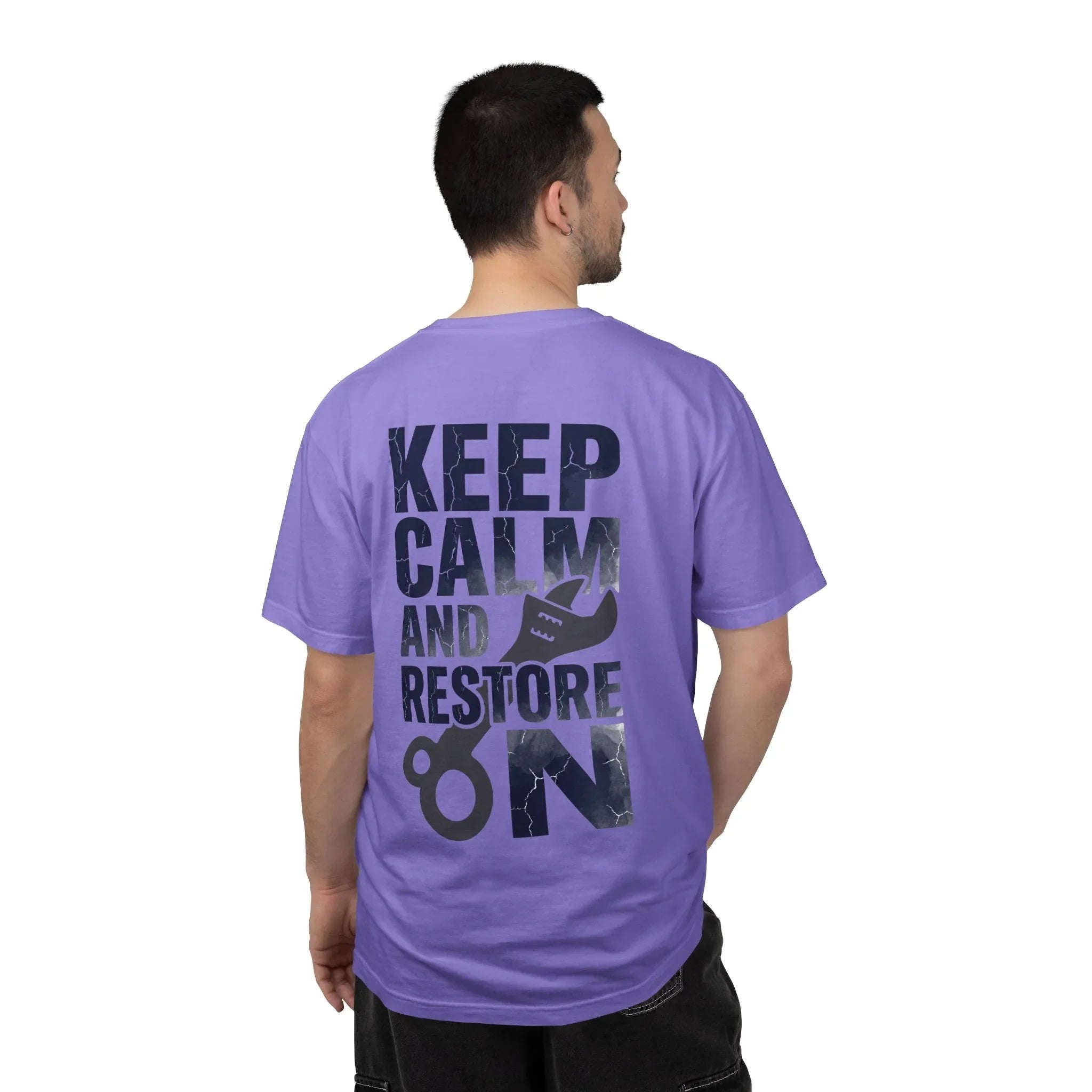 Keep Calm and Restore On Shirt, Vintage Distressed DIY Restoration Tee, Mechanic Workshop Maker Gift, Fix It Humor Violet