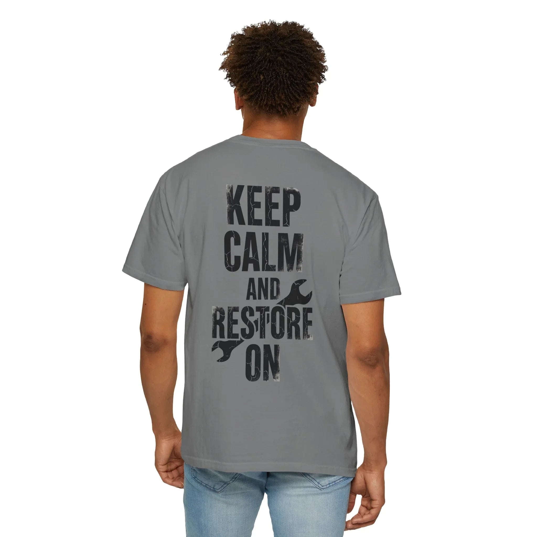 Keep Calm and Restore On Shirt, Vintage Distressed DIY Restoration Tee, Mechanic Workshop Maker Gift, Fix It Humor Grey