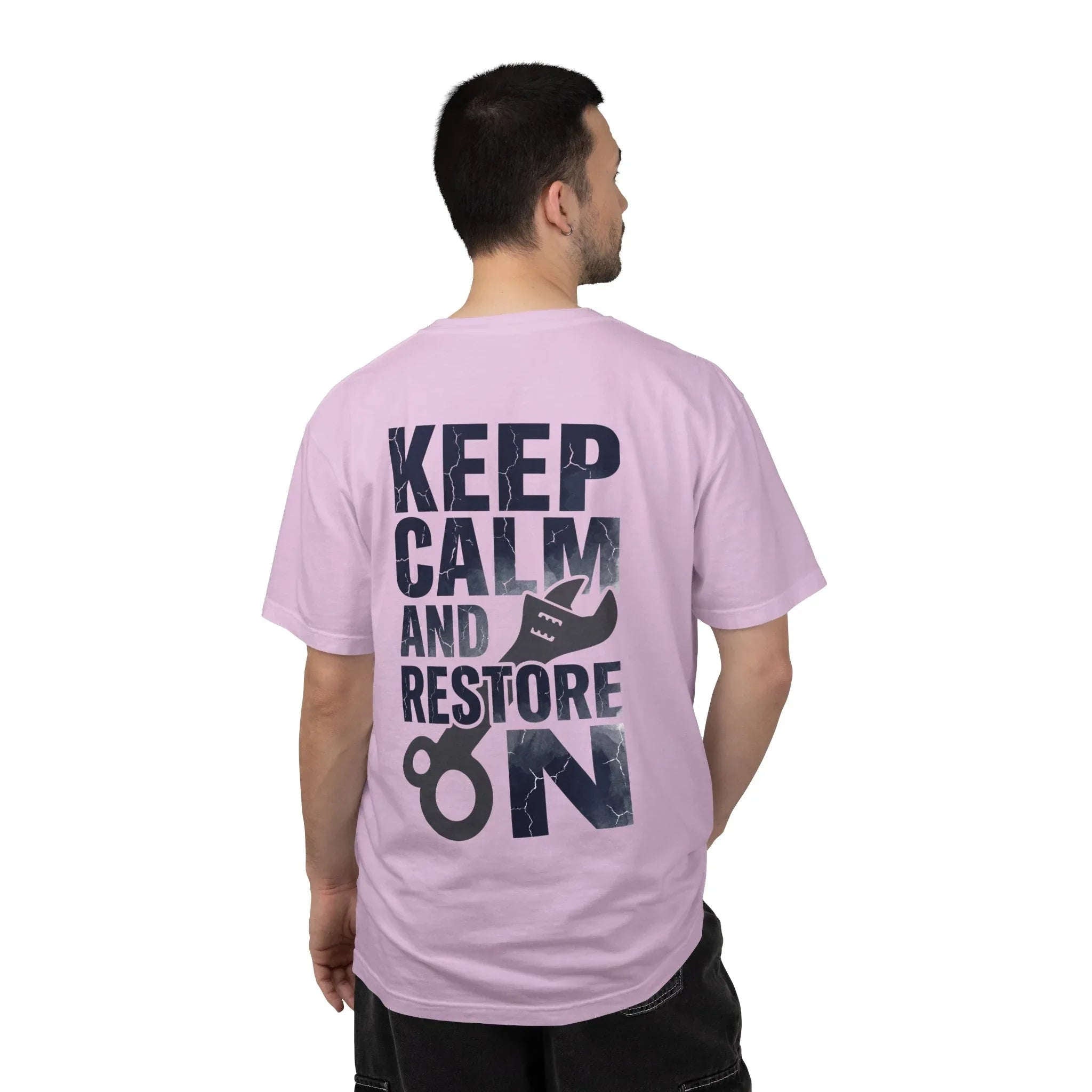 Keep Calm and Restore On Shirt, Vintage Distressed DIY Restoration Tee, Mechanic Workshop Maker Gift, Fix It Humor Orchid