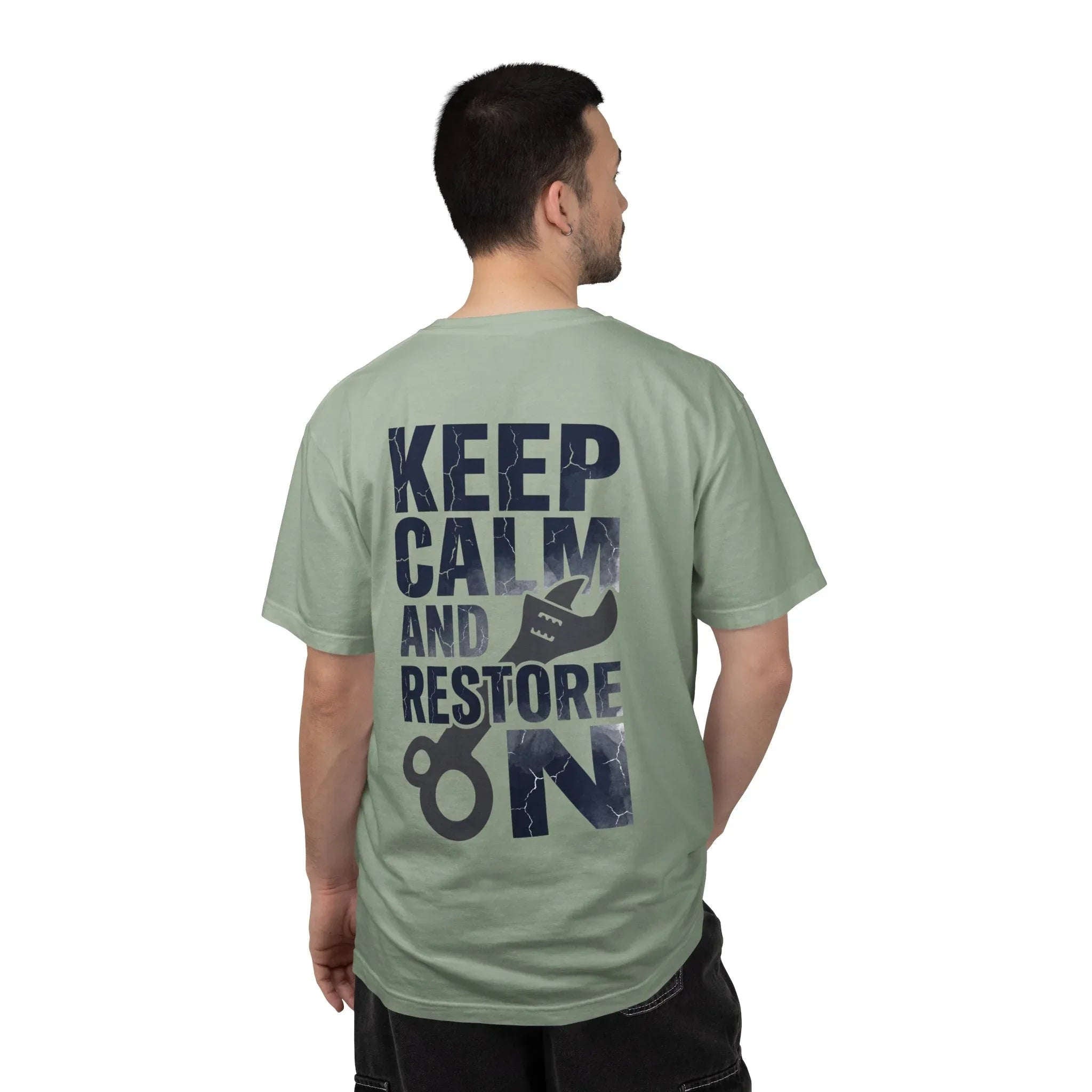 Keep Calm and Restore On Shirt, Vintage Distressed DIY Restoration Tee, Mechanic Workshop Maker Gift, Fix It Humor Bay
