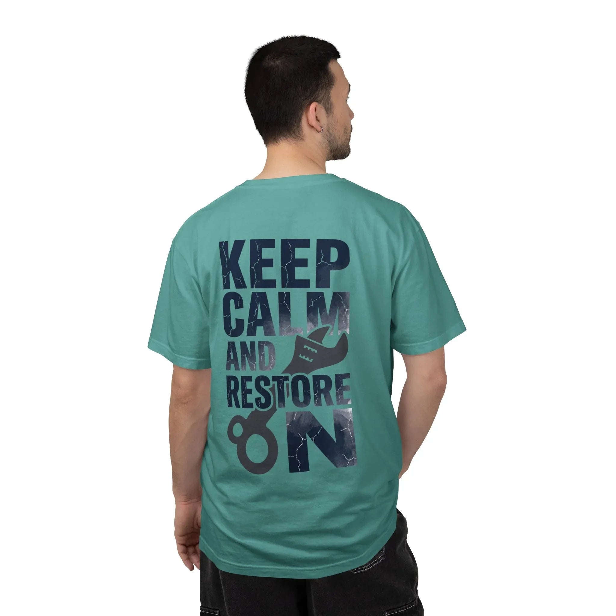 Keep Calm and Restore On Shirt, Vintage Distressed DIY Restoration Tee, Mechanic Workshop Maker Gift, Fix It Humor Seafoam