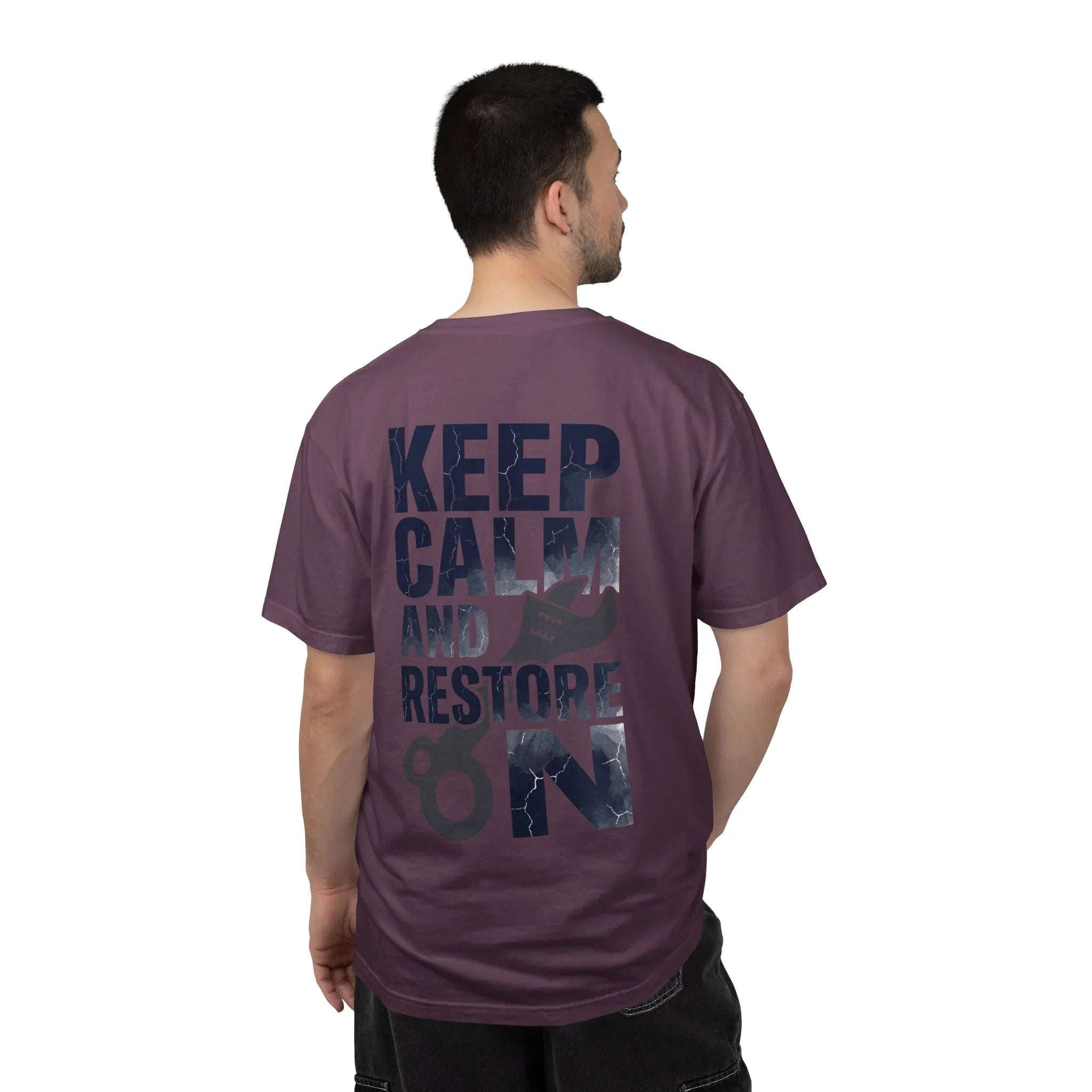 Keep Calm and Restore On Shirt, Vintage Distressed DIY Restoration Tee, Mechanic Workshop Maker Gift, Fix It Humor Berry M