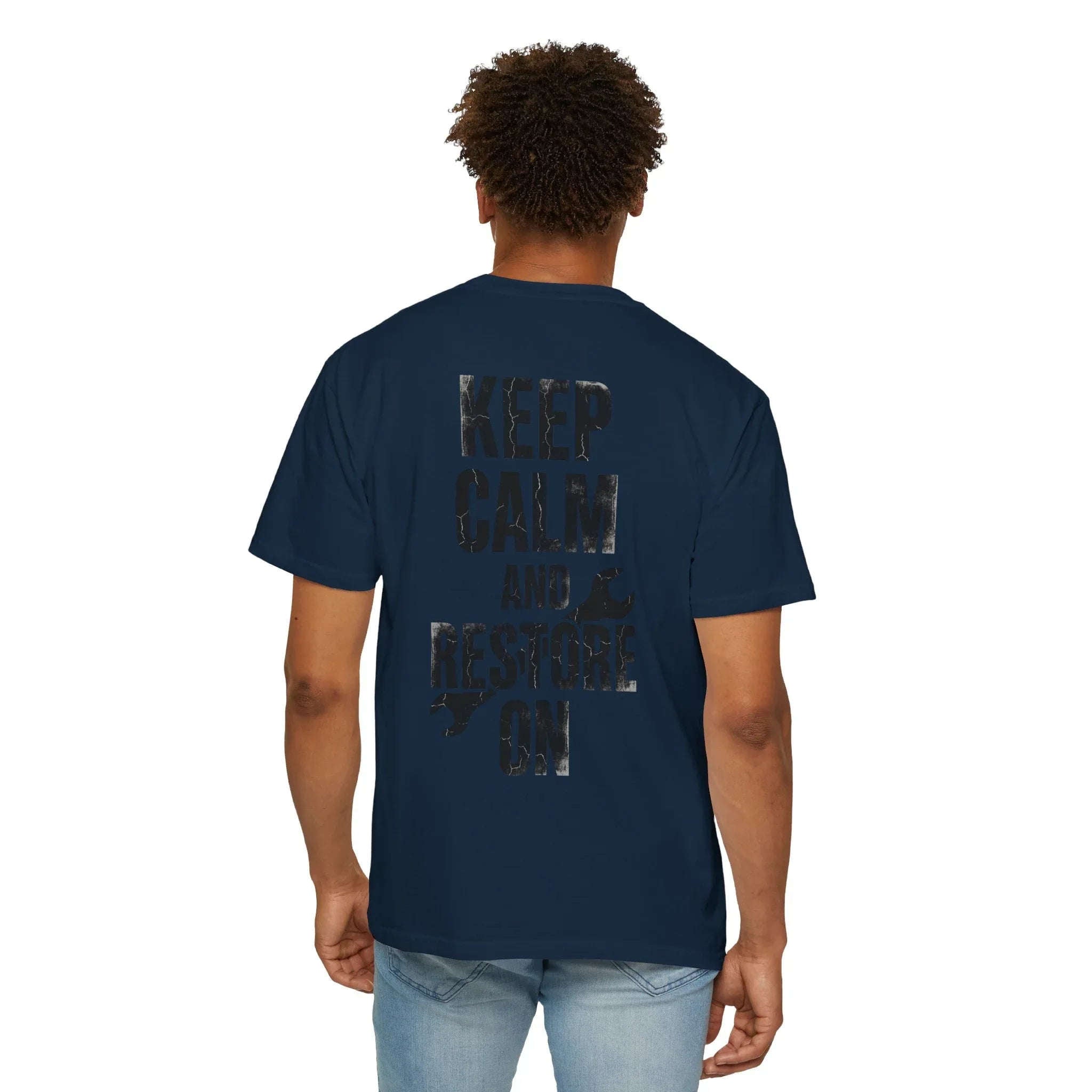 Keep Calm and Restore On Shirt, Vintage Distressed DIY Restoration Tee, Mechanic Workshop Maker Gift, Fix It Humor True Navy