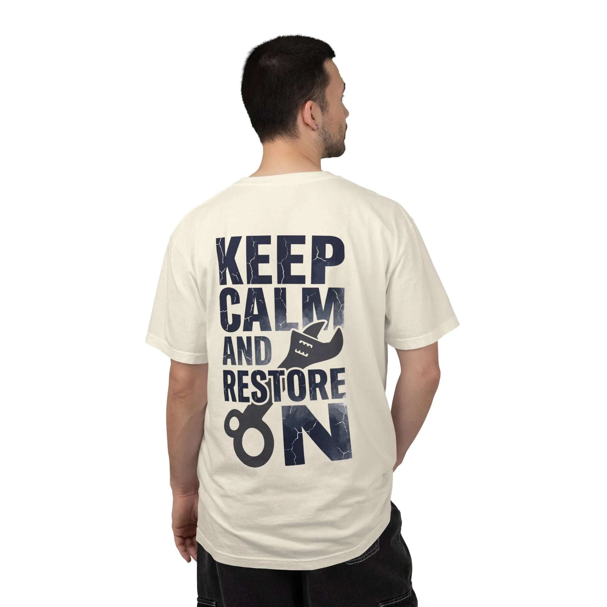 Keep Calm and Restore On Shirt, Vintage Distressed DIY Restoration Tee, Mechanic Workshop Maker Gift, Fix It Humor Ivory