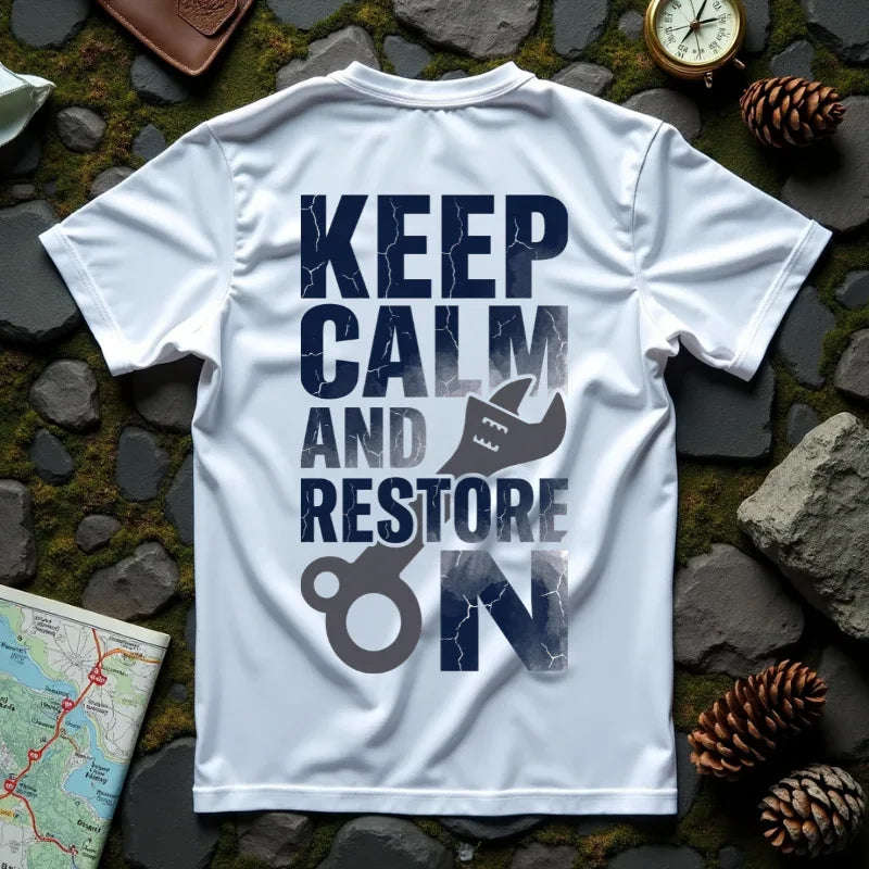 Keep Calm and Restore On Shirt, Vintage Distressed DIY Restoration Tee, Mechanic Workshop Maker Gift, Fix It Humor White