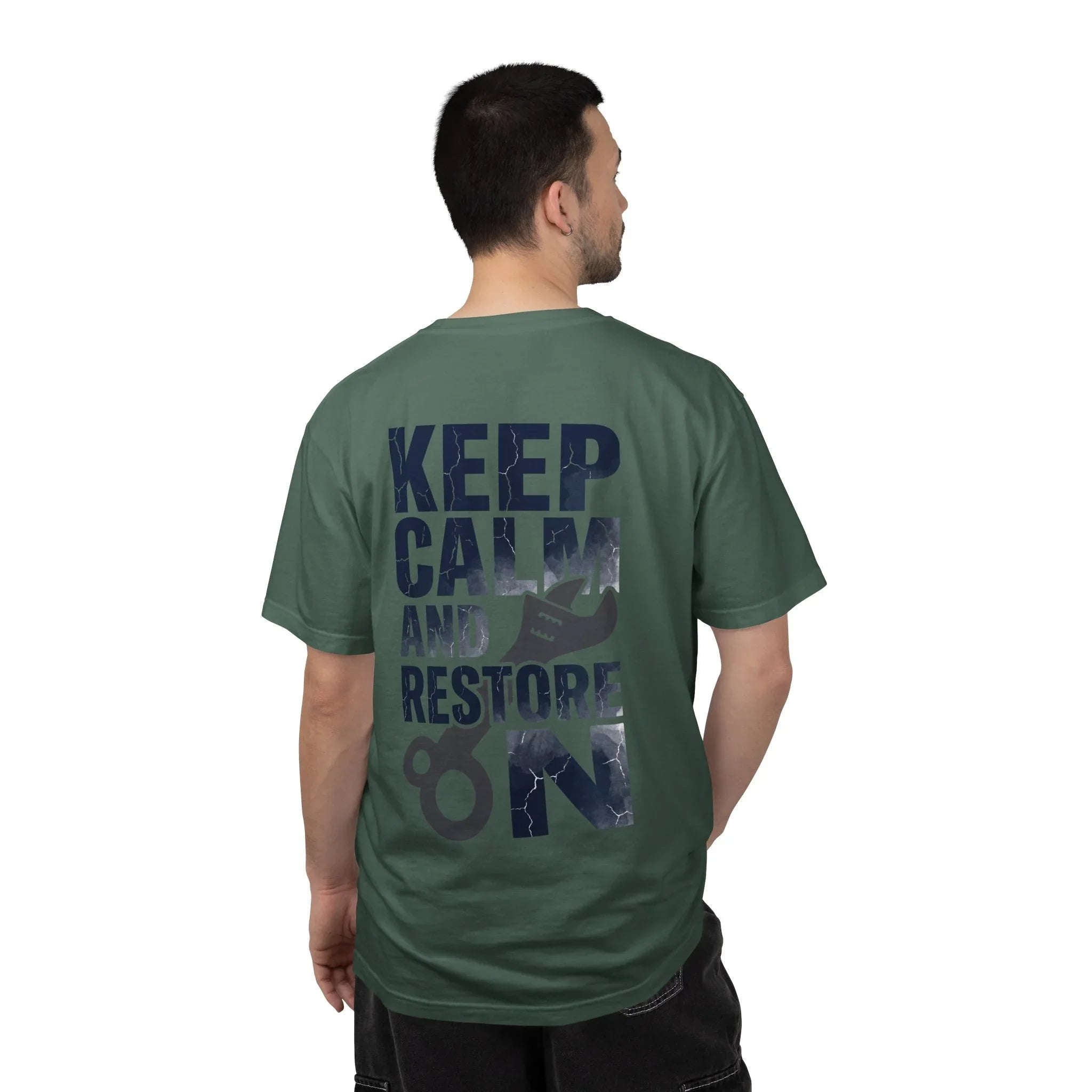 Keep Calm and Restore On Shirt, Vintage Distressed DIY Restoration Tee, Mechanic Workshop Maker Gift, Fix It Humor Blue Spruce