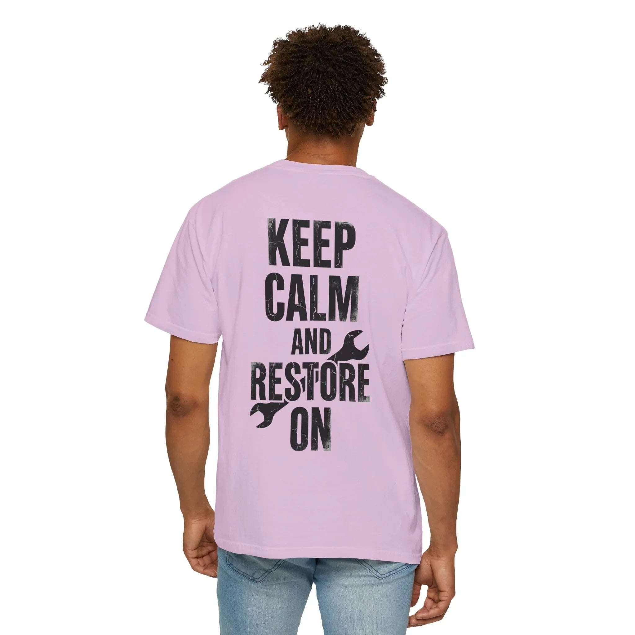 Keep Calm and Restore On Shirt, Vintage Distressed DIY Restoration Tee, Mechanic Workshop Maker Gift, Fix It Humor Orchid