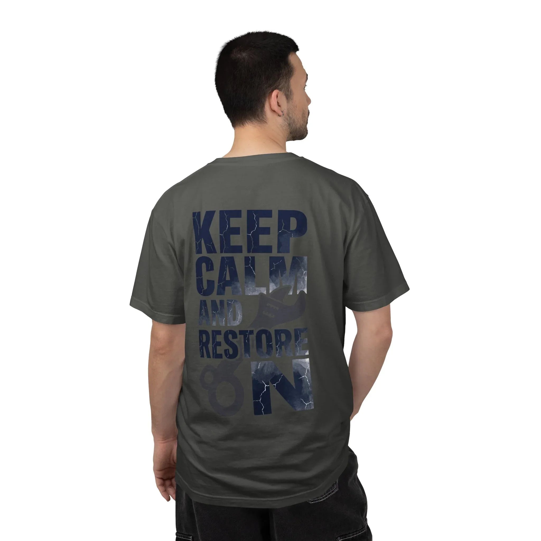 Keep Calm and Restore On Shirt, Vintage Distressed DIY Restoration Tee, Mechanic Workshop Maker Gift, Fix It Humor Pepper